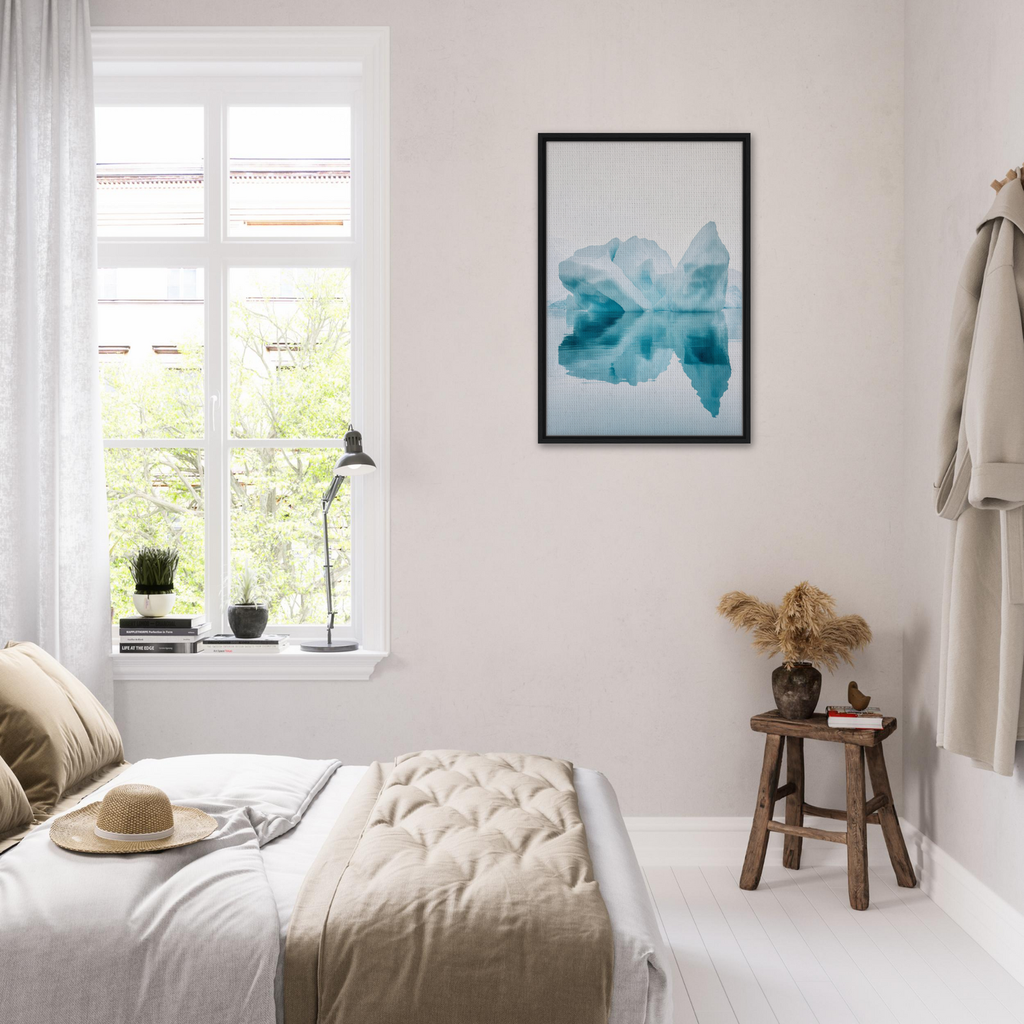Bright, airy bedroom featuring iceberg’s silent poem as a framed canvas wall decor