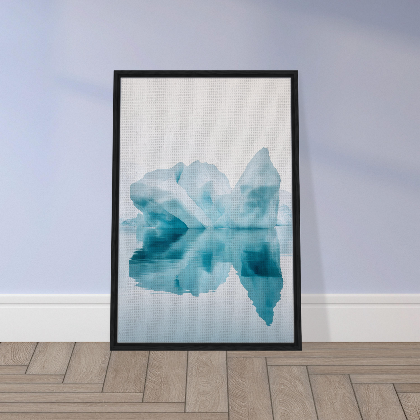 Framed canvas wall art of Iceberg’s Silent Poem depicting an abstract blue and white iceberg
