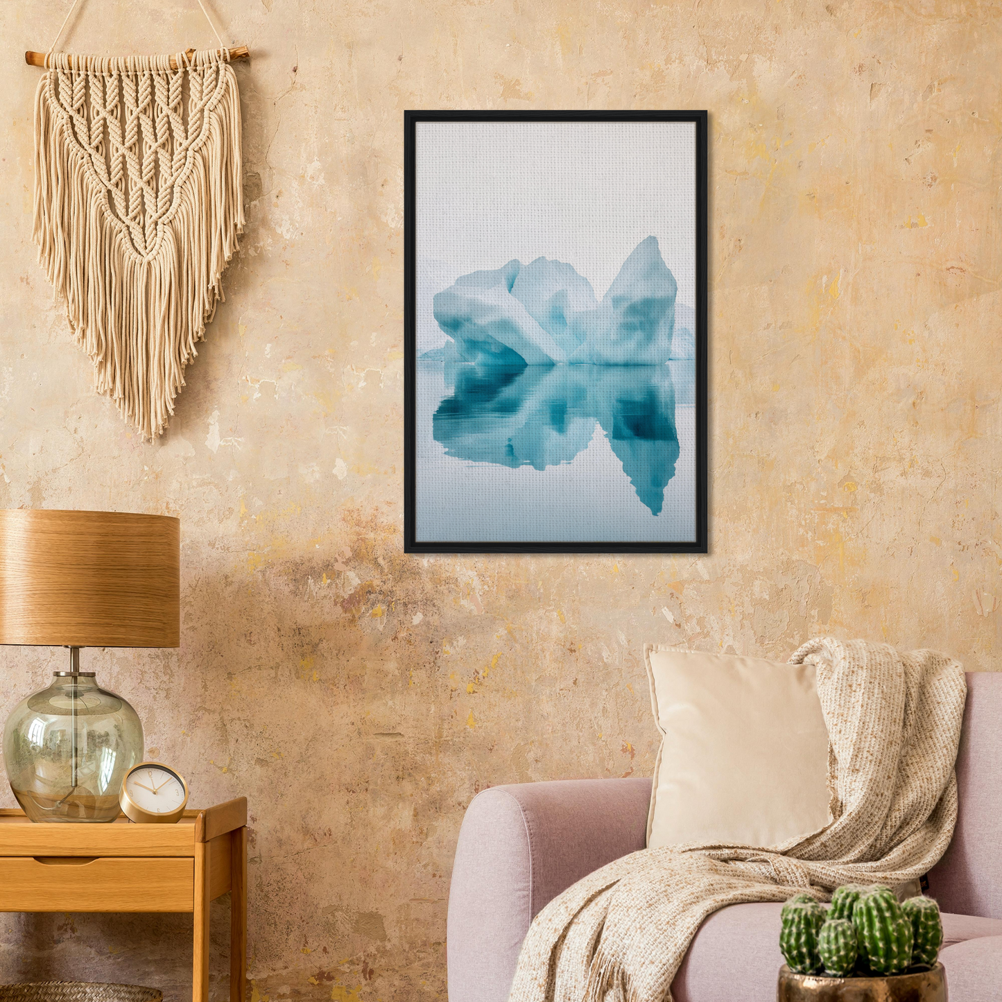 Framed canvas wall art of iceberg’s silent poem reflecting in calm blue water