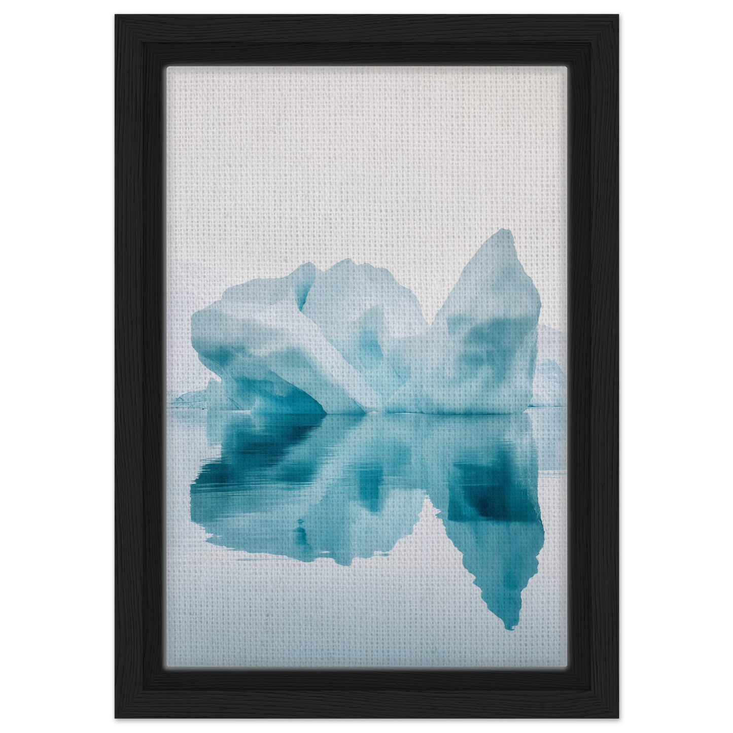 Watercolor-style painting of blue icebergs reflecting in calm water for Iceberg’s Silent Poem
