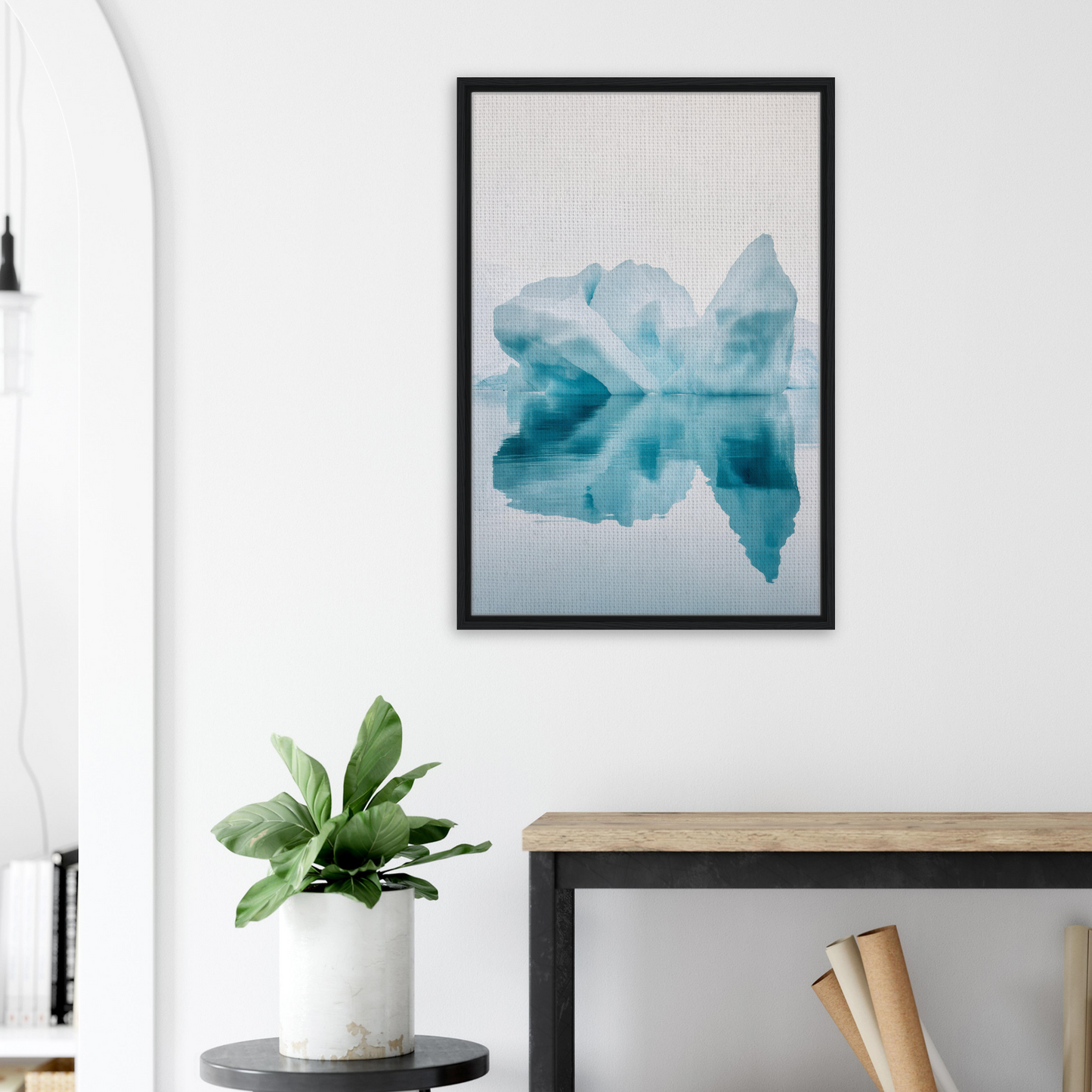 Framed canvas print of Iceberg’s Silent Poem in blue and teal abstract watercolor