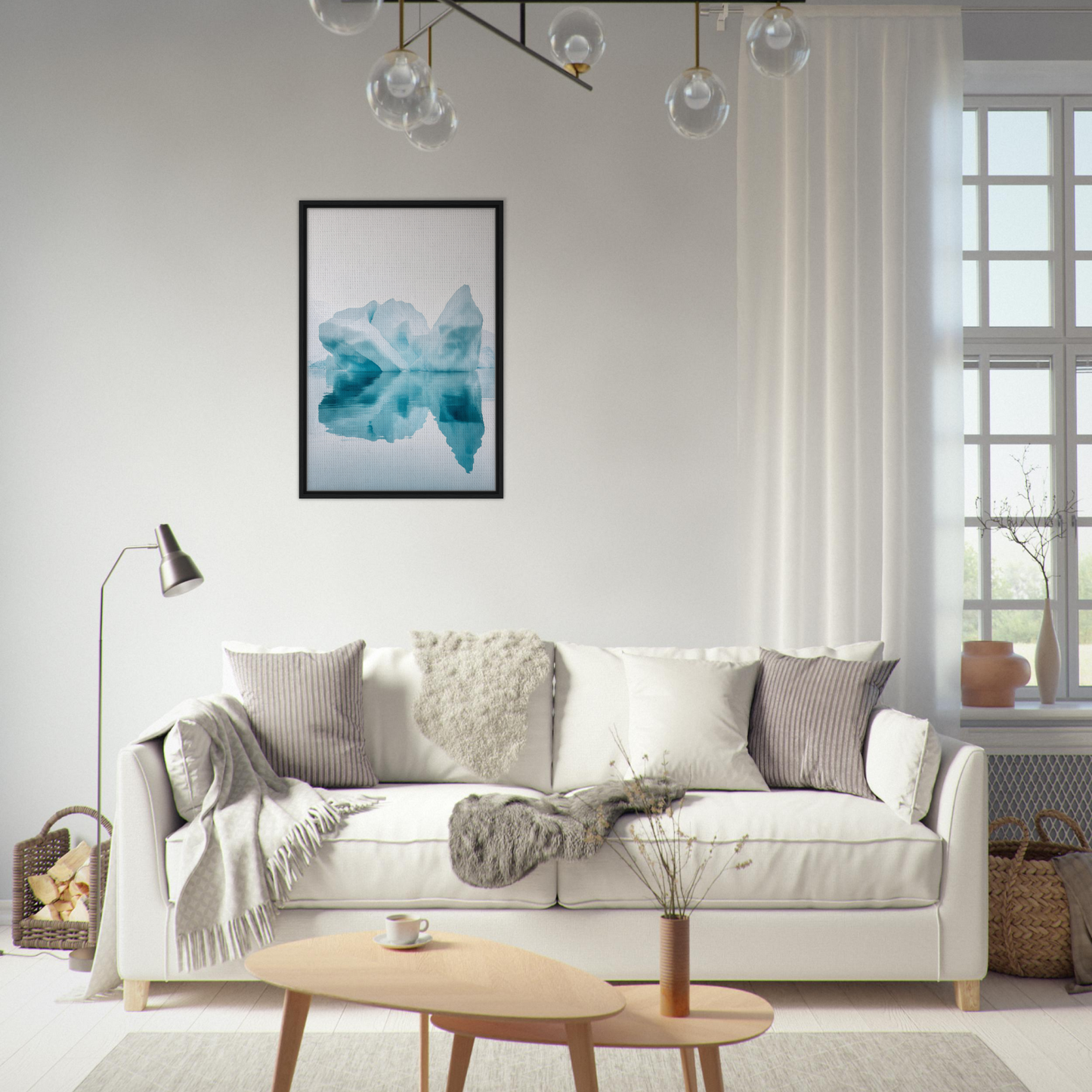 Elegant white sofa adorned with throw pillows and blankets from Iceberg’s Silent Poem