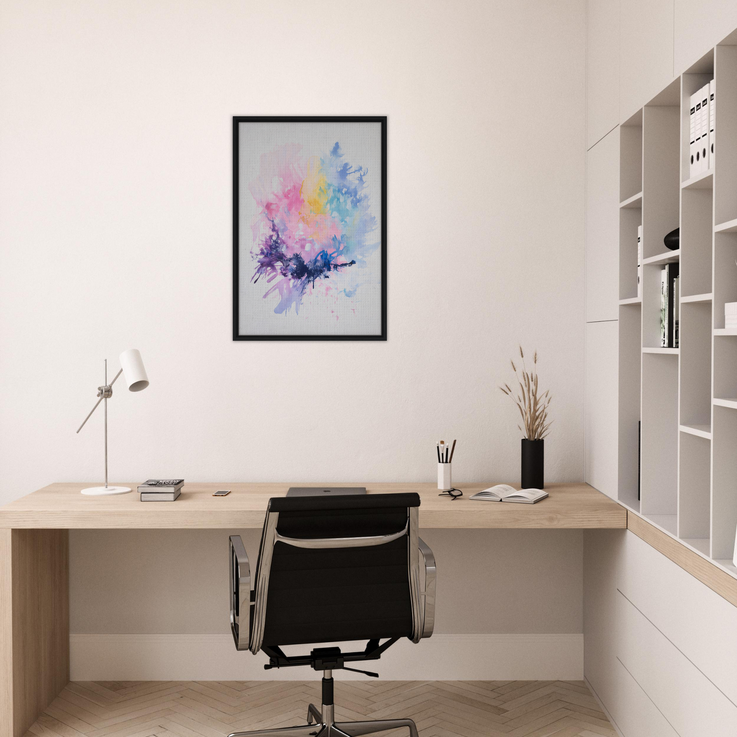Minimalist home office showcasing Imbibe Celestial Alchemy framed canvas print
