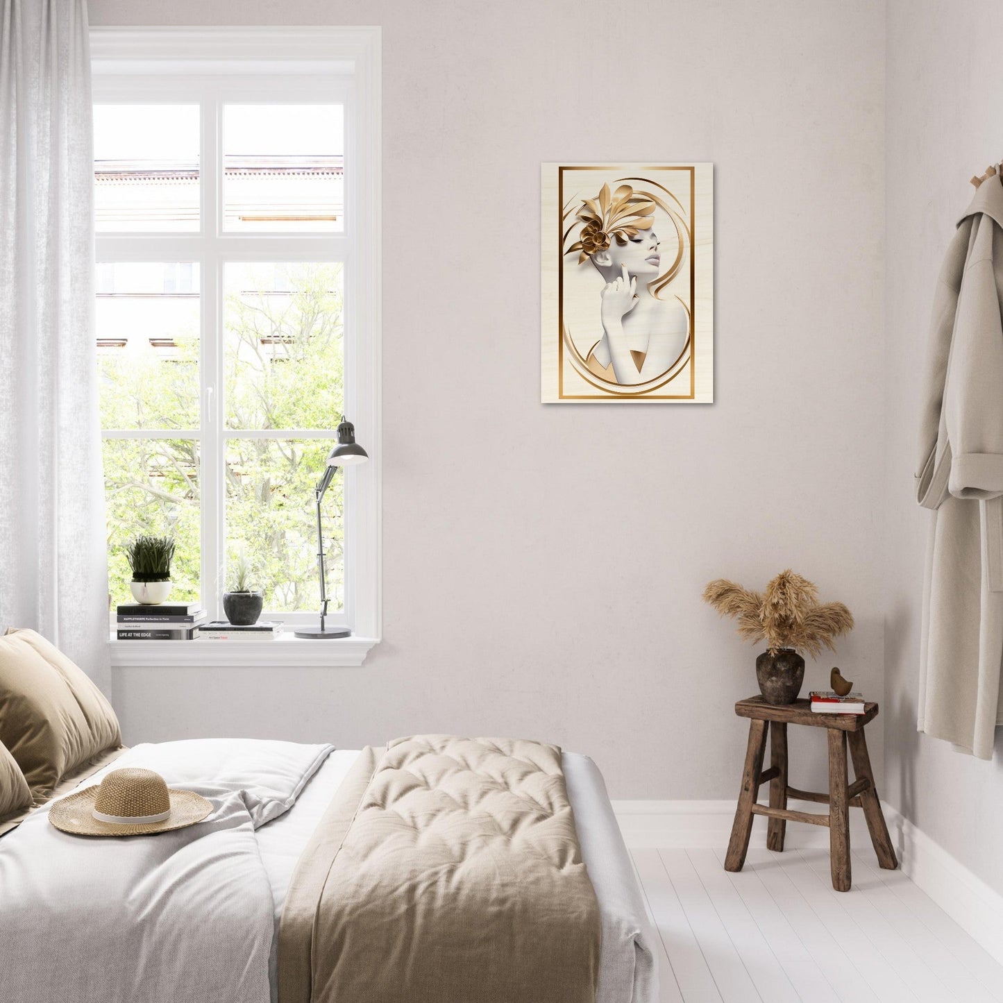 Bright, airy bedroom with minimalist decor and neutral color palette.