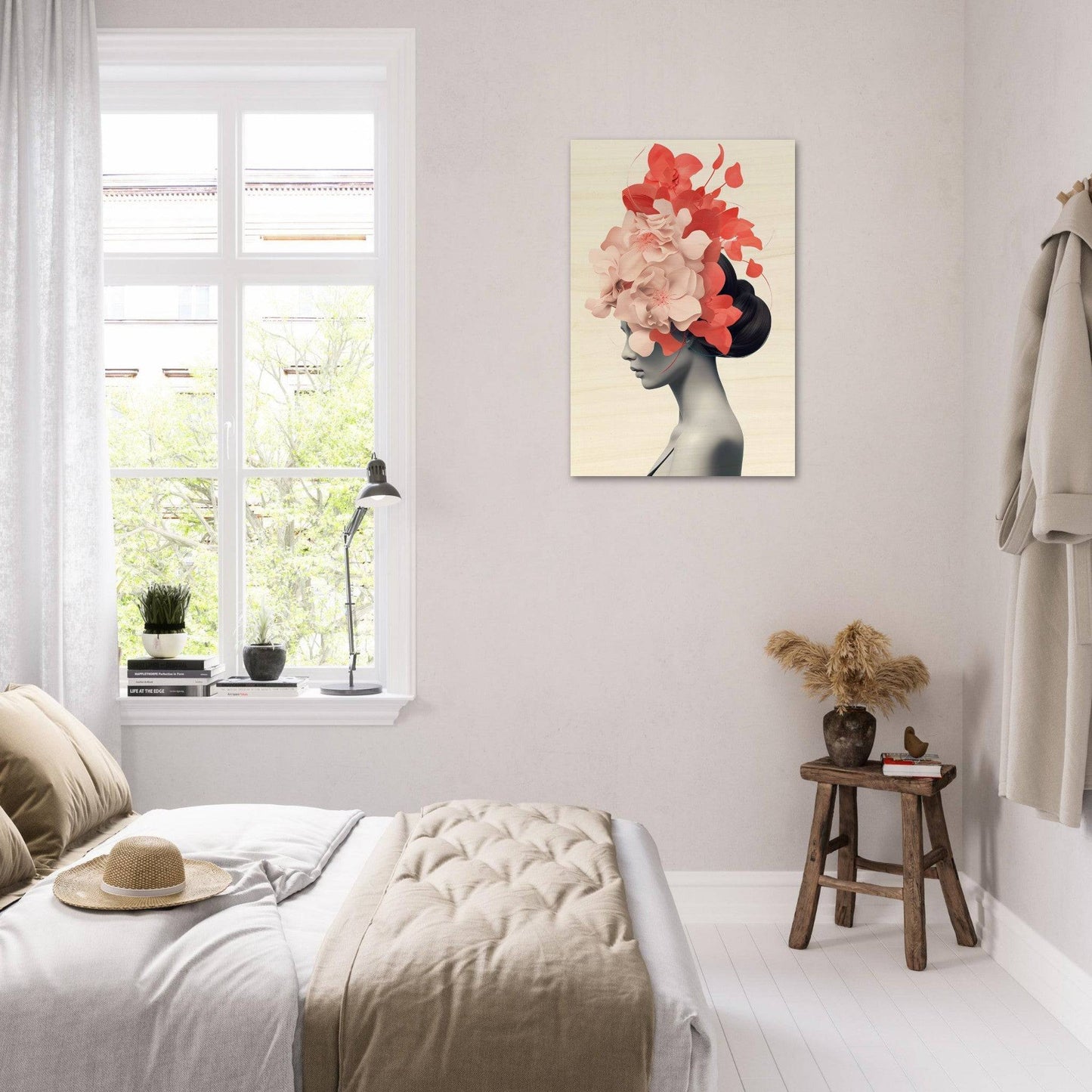 Bright, airy bedroom with a prominent floral portrait on the wall.