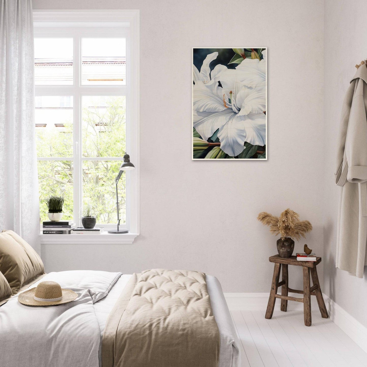 Bright, airy bedroom with white walls and minimalist decor.