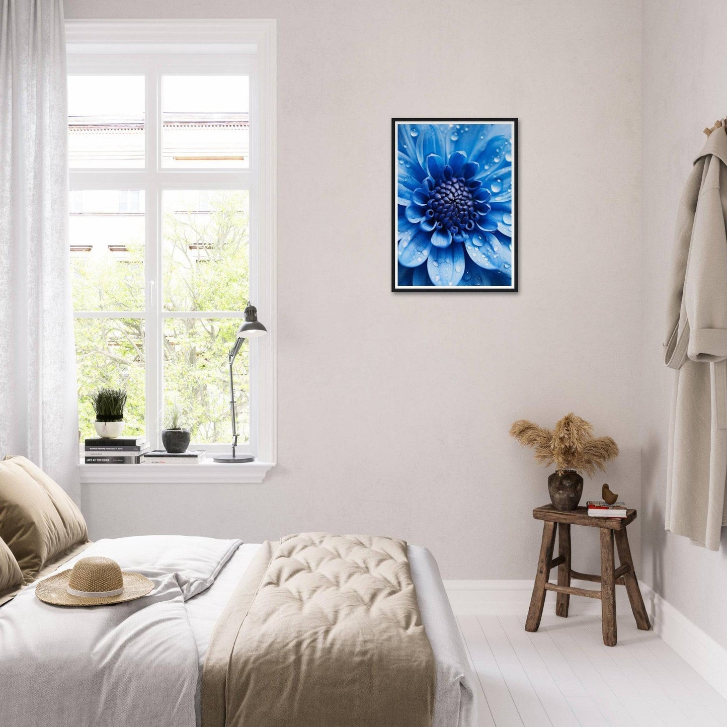 Bright blue flower close-up in a framed wall art print.