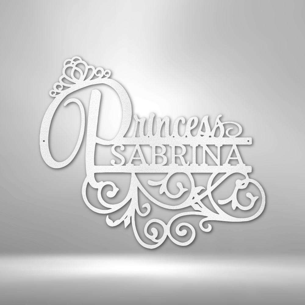 Ornate white text design reading ’Princess Sabrina’ with a small tiara above.