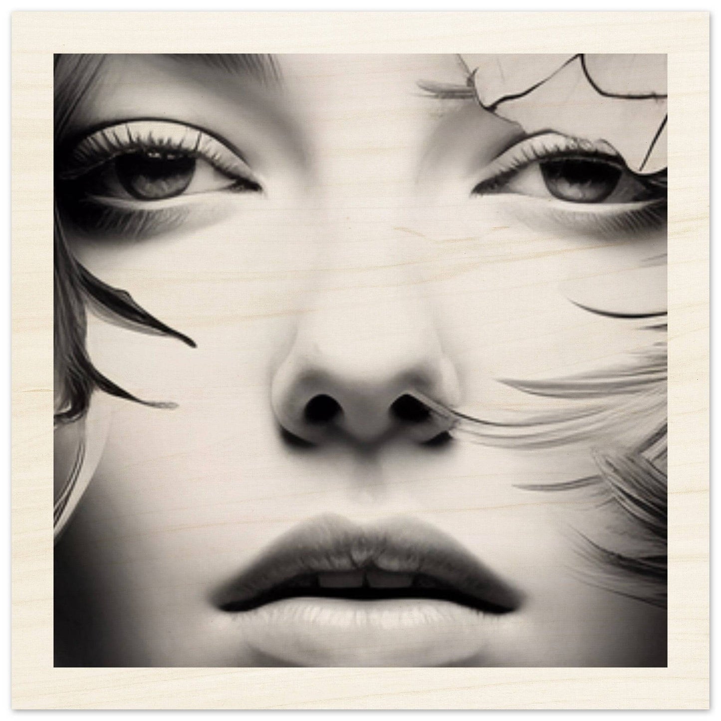 Close-up portrait of a face with striking eyes and delicate features, partially obscured by wispy strands.
