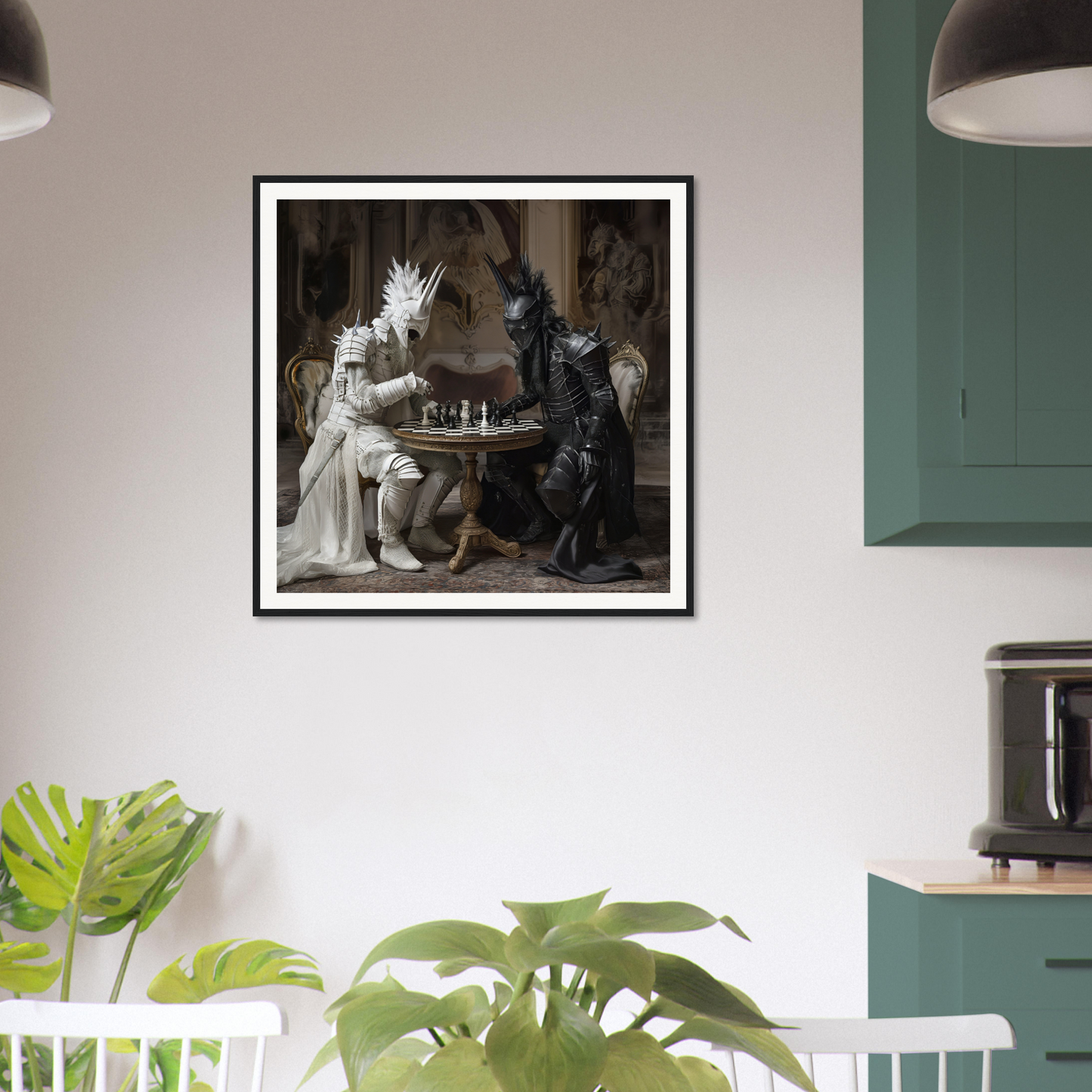 Framed black and white photo of two figures playing chess for Iron Clash Atlas special edition art™