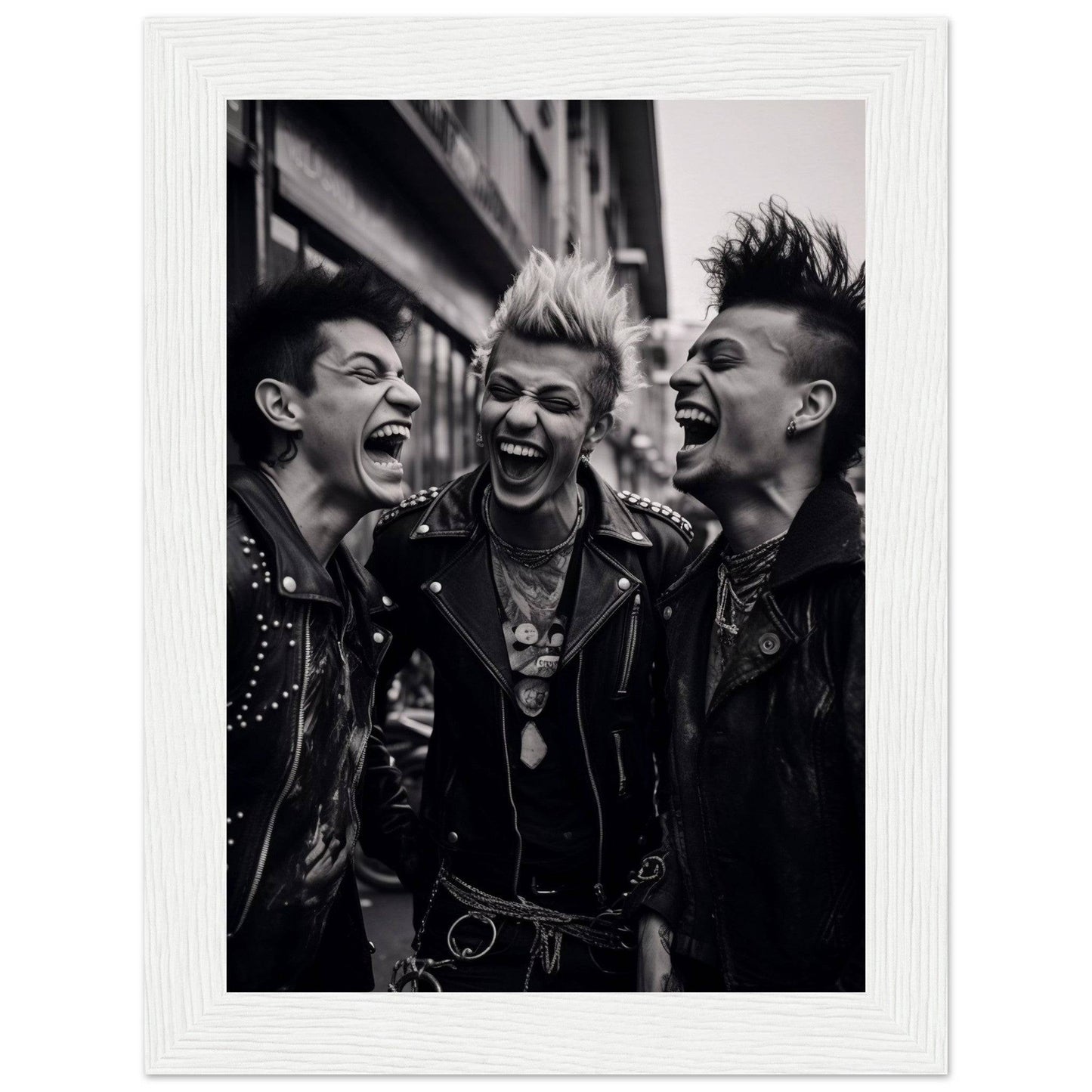 Black and white photograph of three punk rockers laughing exuberantly.