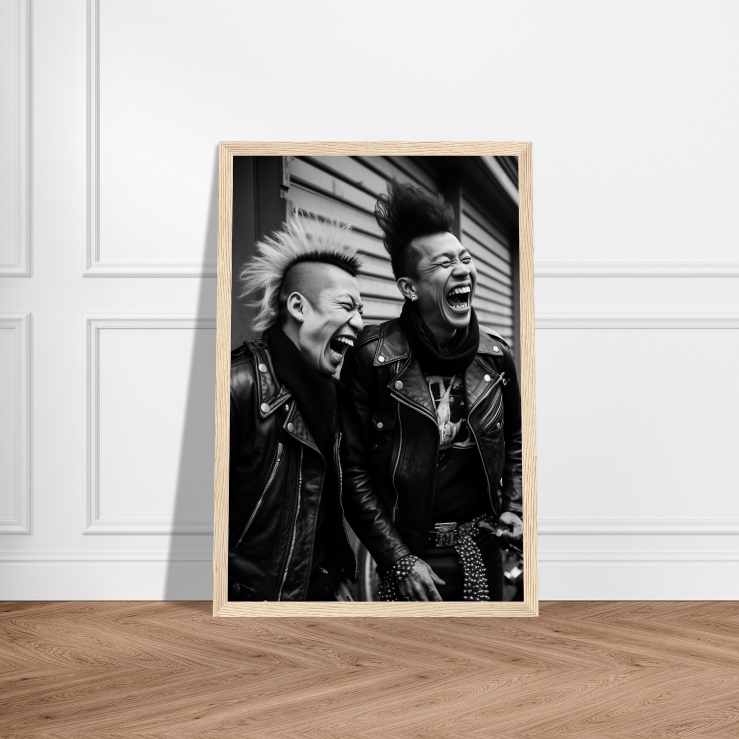 Framed black and white photograph of two punk rockers with mohawks laughing.