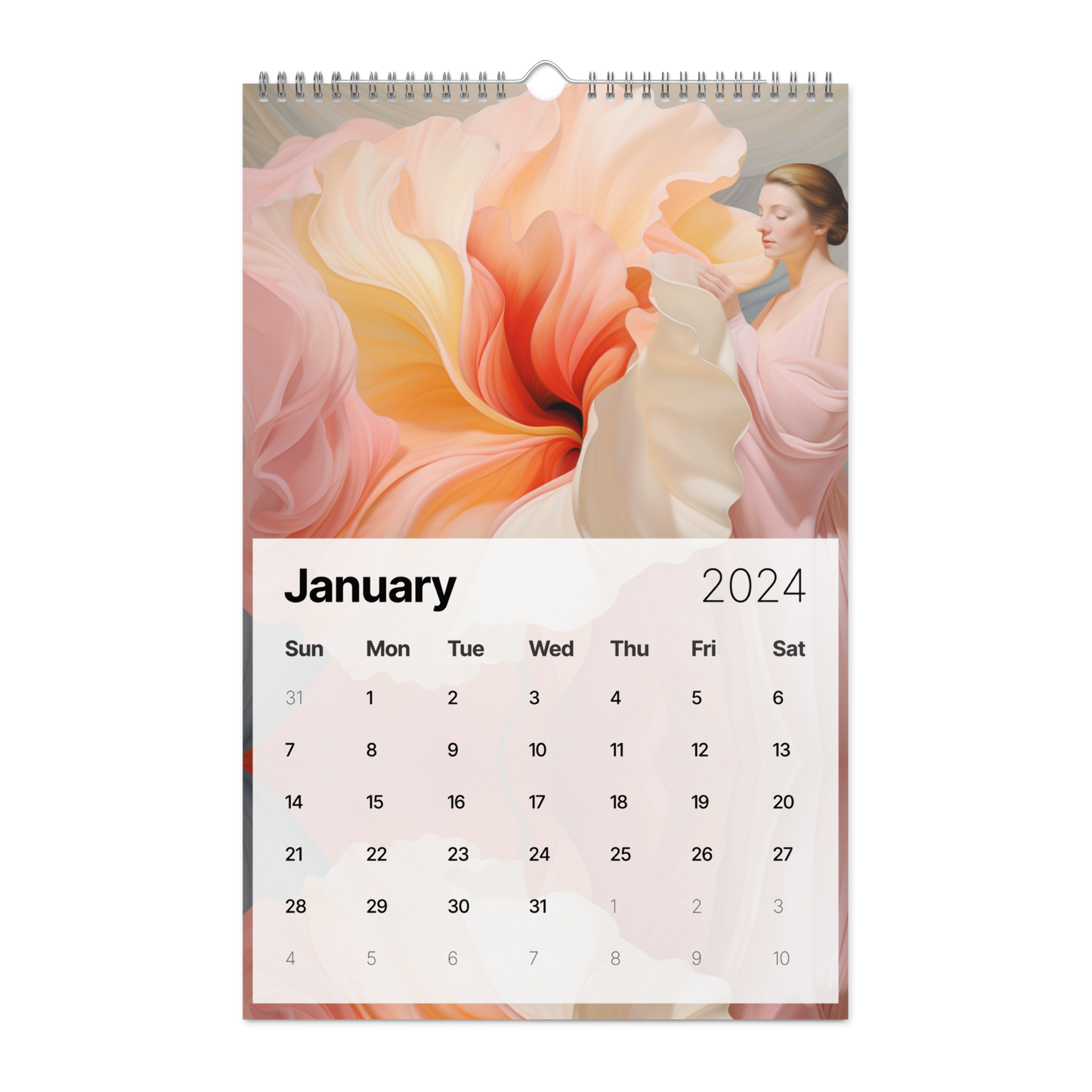 Wall calendar for January 2024 featuring a pastel-colored artistic illustration.