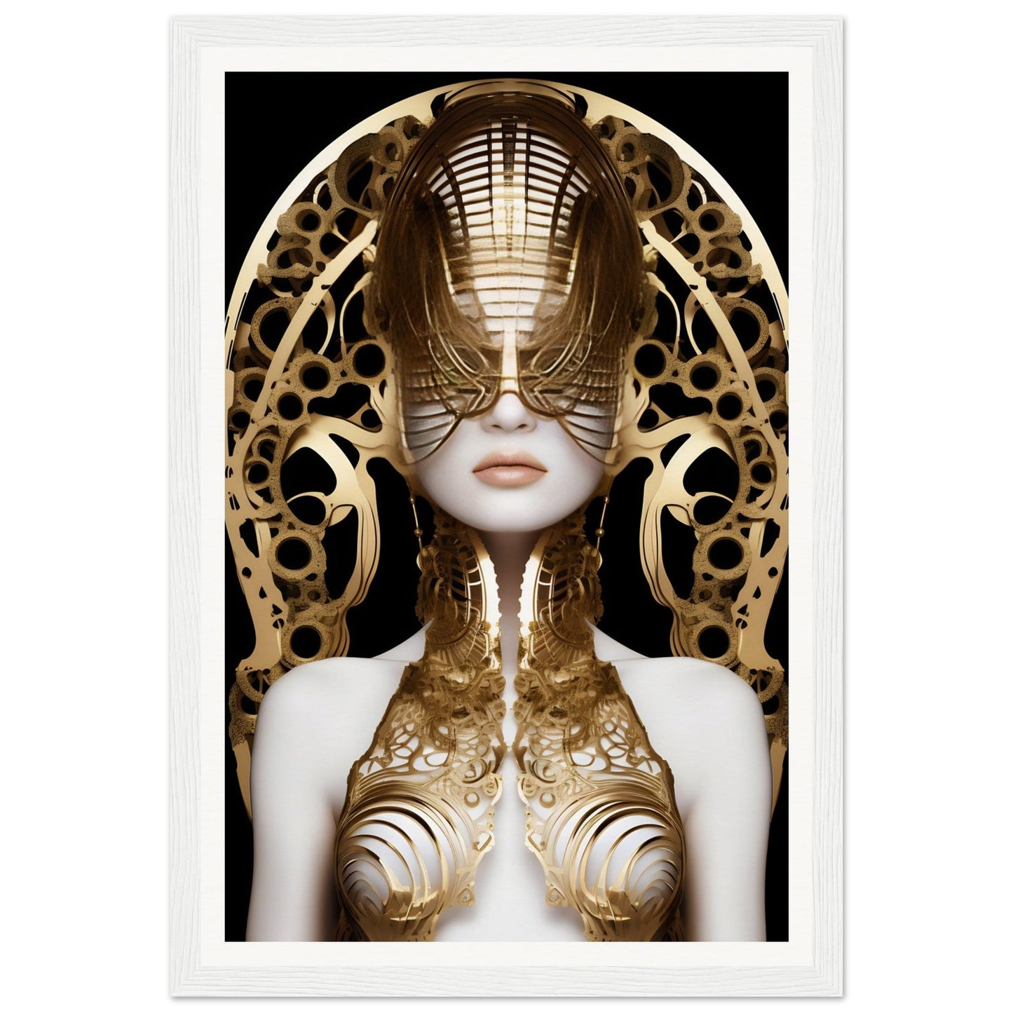 Futuristic humanoid figure with an ornate golden headdress and body armor.