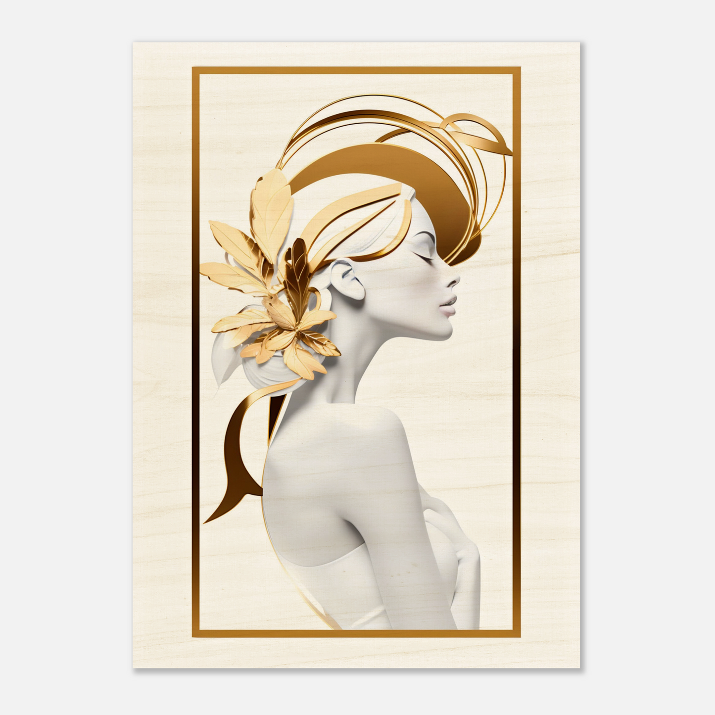 Stylized profile portrait of a woman with golden floral accents and headdress.