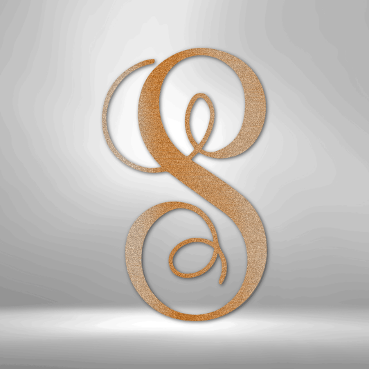 Ornate, golden letter ’S’ with curled serifs and flourishes.