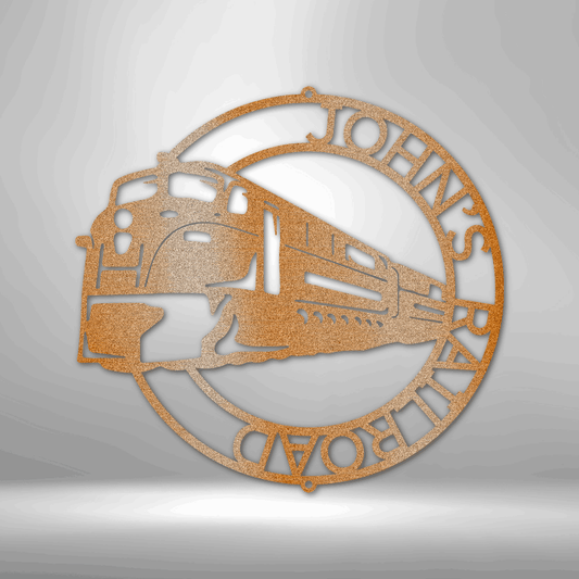 Circular wooden cutout featuring a stylized train design with text around the edge.