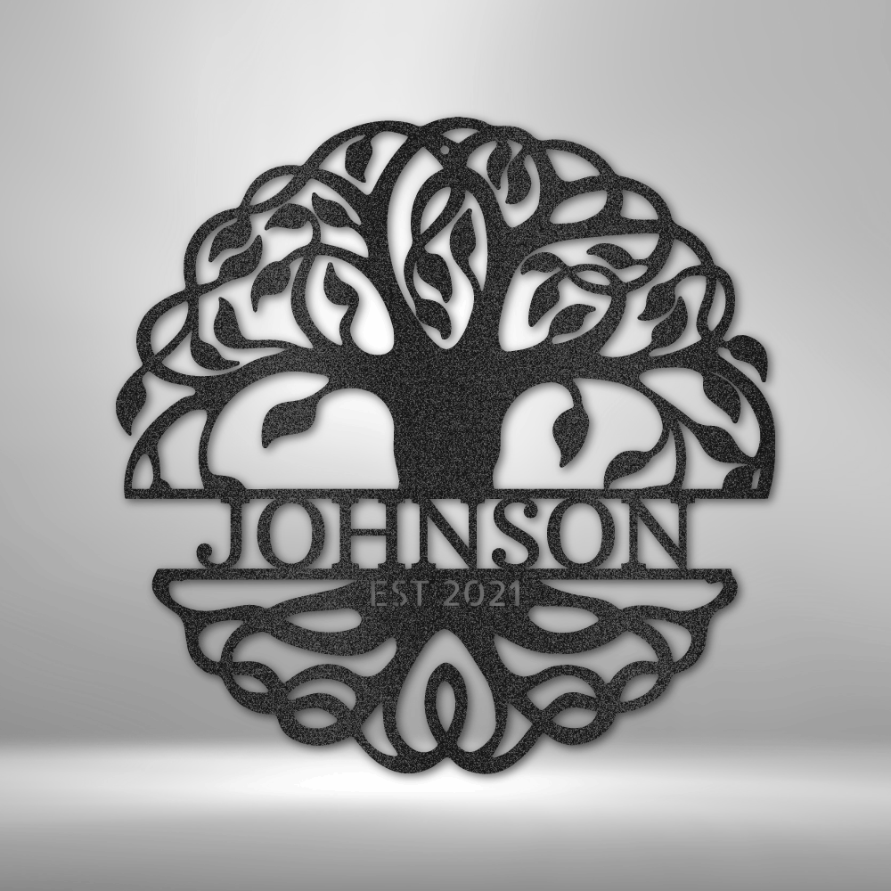 Circular metal wall art featuring a stylized tree design with ’JOHNSON EST 2021’’ text incorporated.