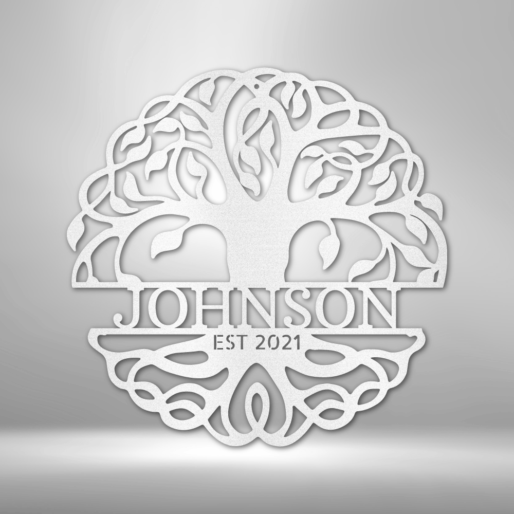 Intricate white tree of life design with ’JOHNSON EST 2021’’ text incorporated.