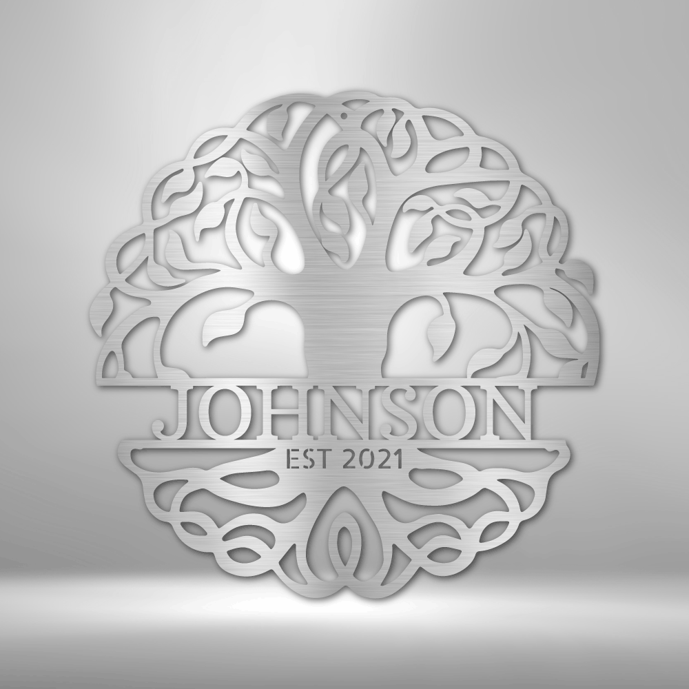 Circular tree of life design with ’JOHNSON EST 2021’’ text incorporated.