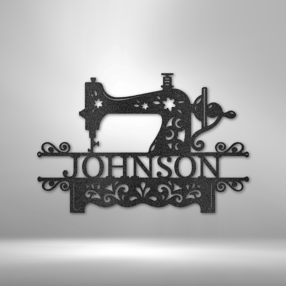 Decorative metal sign featuring a vintage sewing machine silhouette with the name ’JOHNSON’ incorporated into the design.