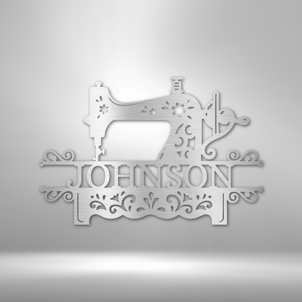 Decorative metal sign featuring a stylized sewing machine and the name ’JOHNSON’ with ornate scrollwork.