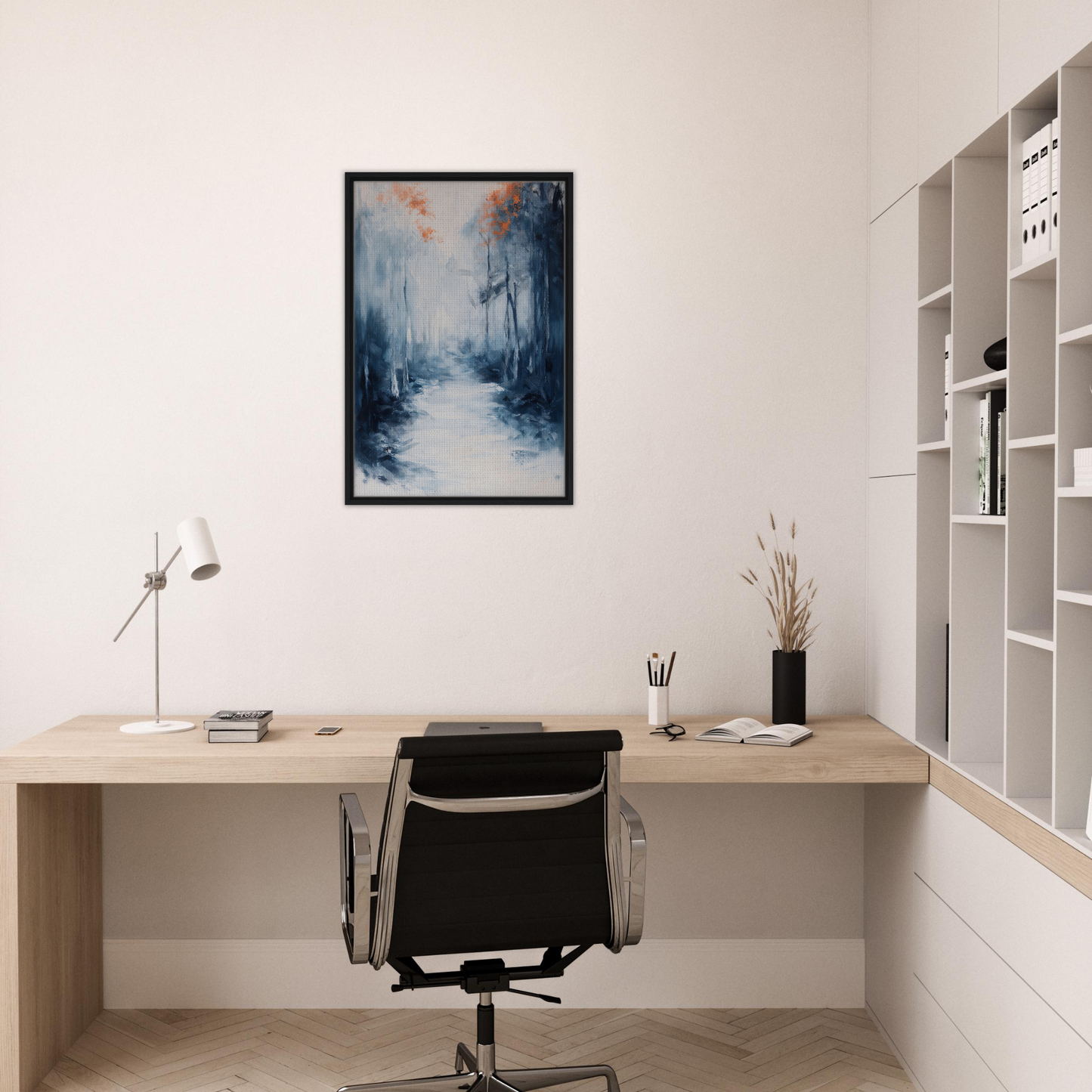 Minimalist home office featuring Journey Kaleidoscope Dawn framed canvas print