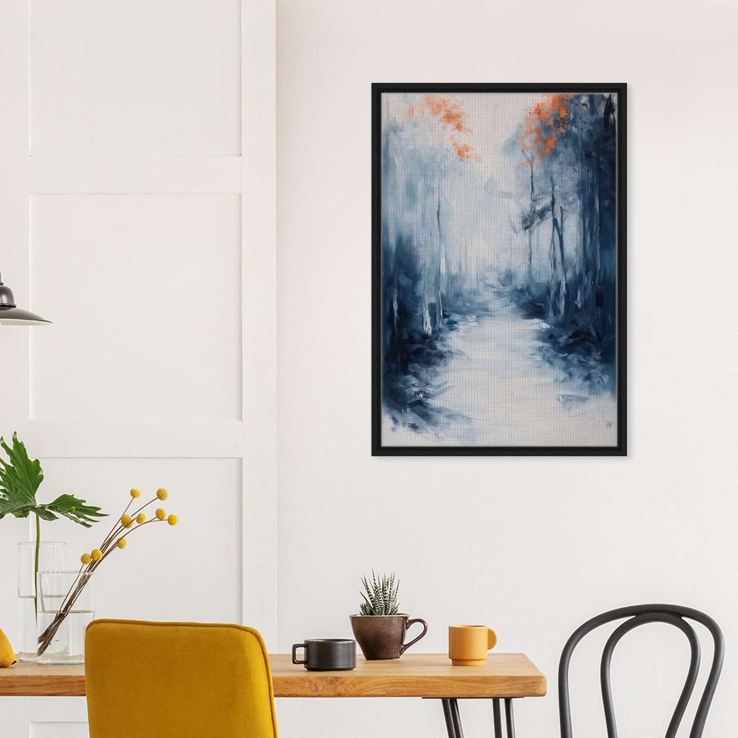 Framed abstract painting of a misty forest path in blue and gray for Journey Kaleidoscope Dawn