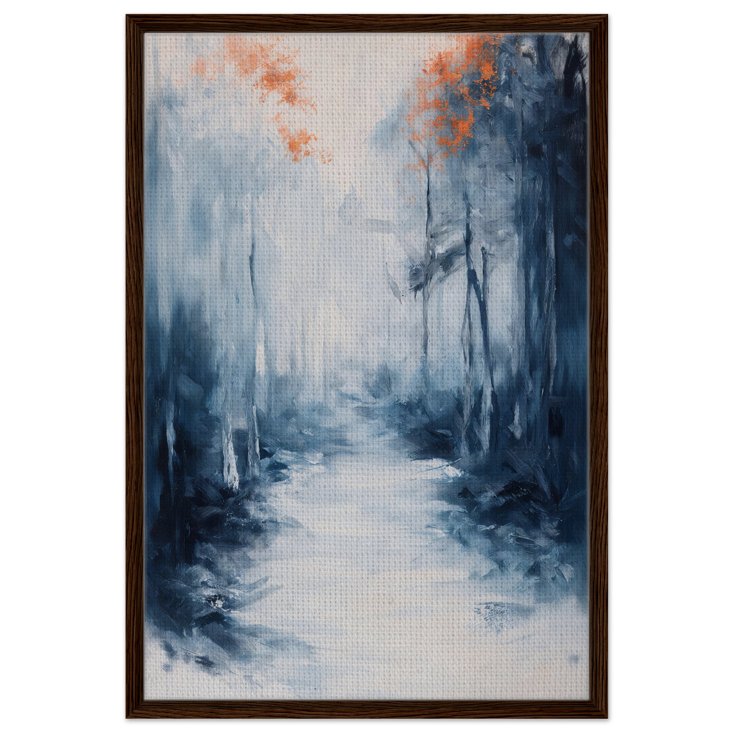 Abstract painting of a misty forest path in blue and orange tones, Journey Kaleidoscope Dawn