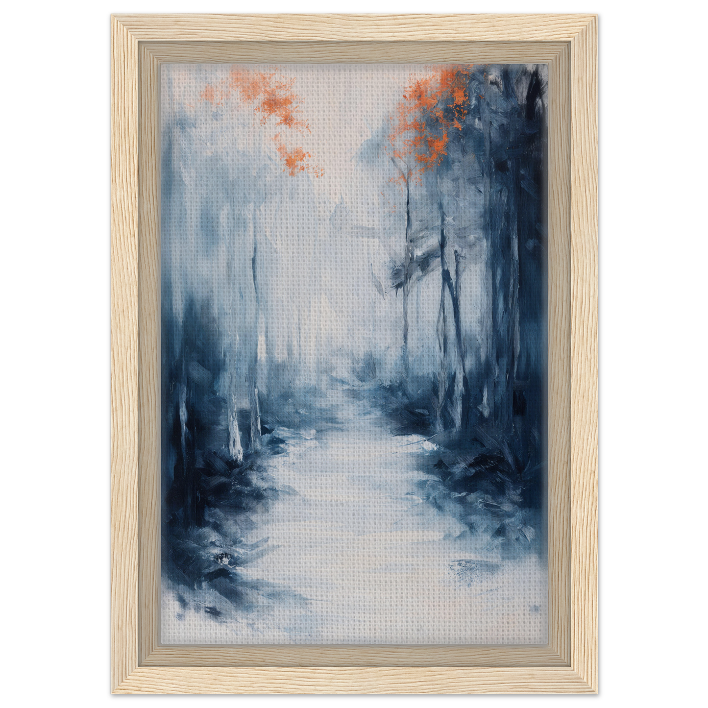 Abstract painting of a misty forest path in blue and orange for Journey Kaleidoscope Dawn