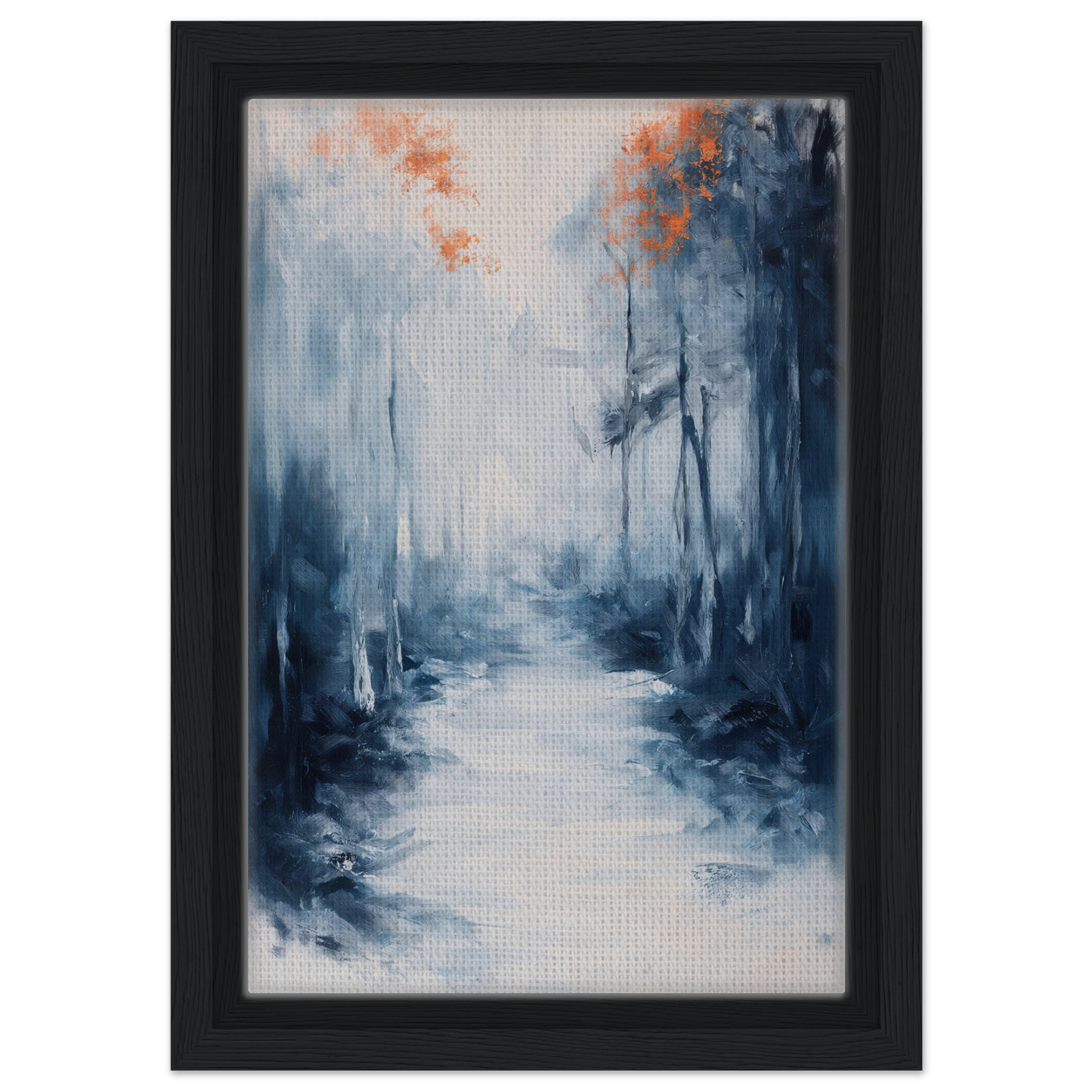 Abstract painting of a misty forest path in blue and orange tones for Journey Kaleidoscope Dawn