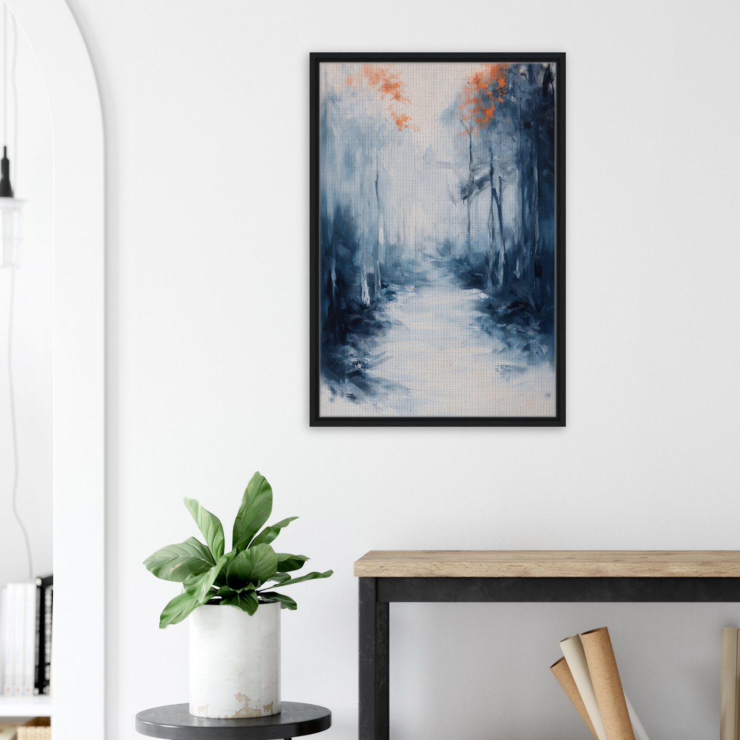 Framed abstract painting of a misty forest path in blue and gray for Journey Kaleidoscope Dawn