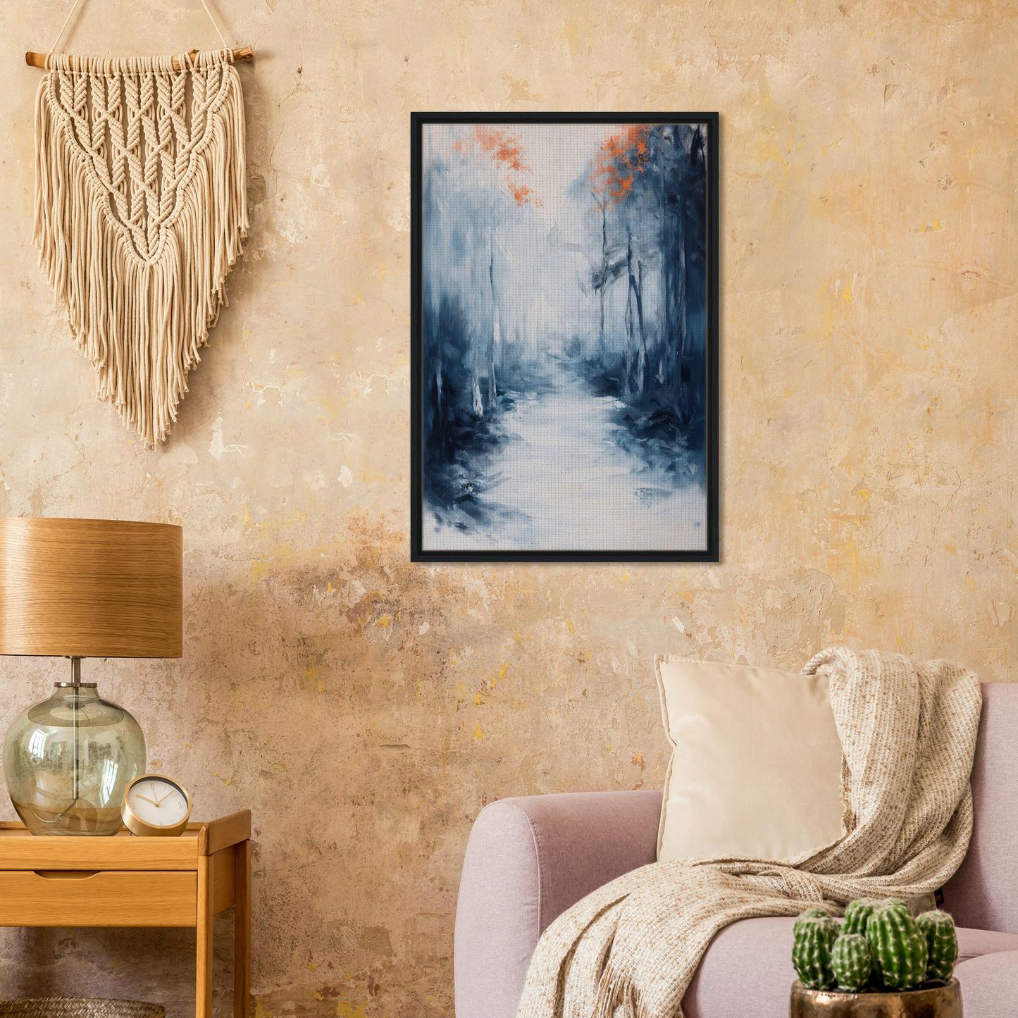 Framed canvas print of Journey Kaleidoscope Dawn featuring a misty forest path