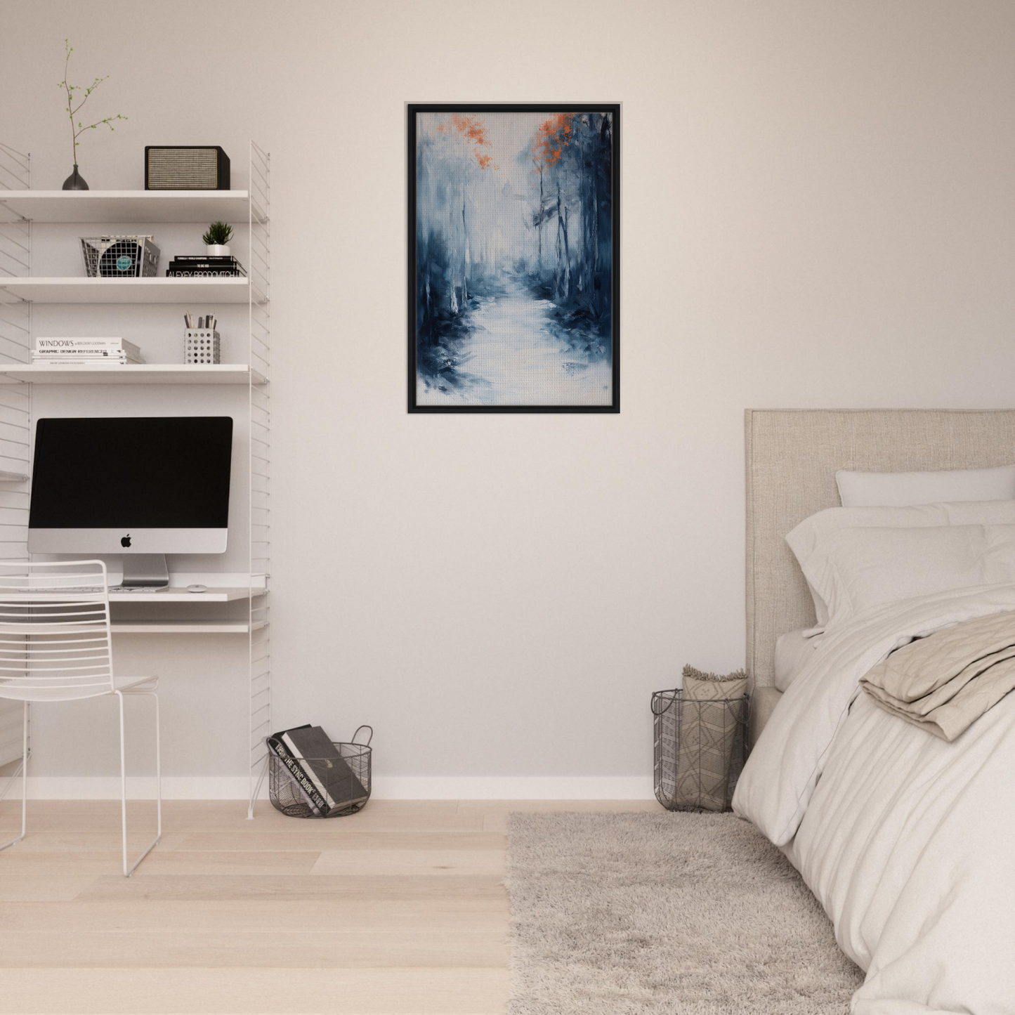 Framed abstract painting of snowy forest path, perfect for Journey Kaleidoscope Dawn room decor