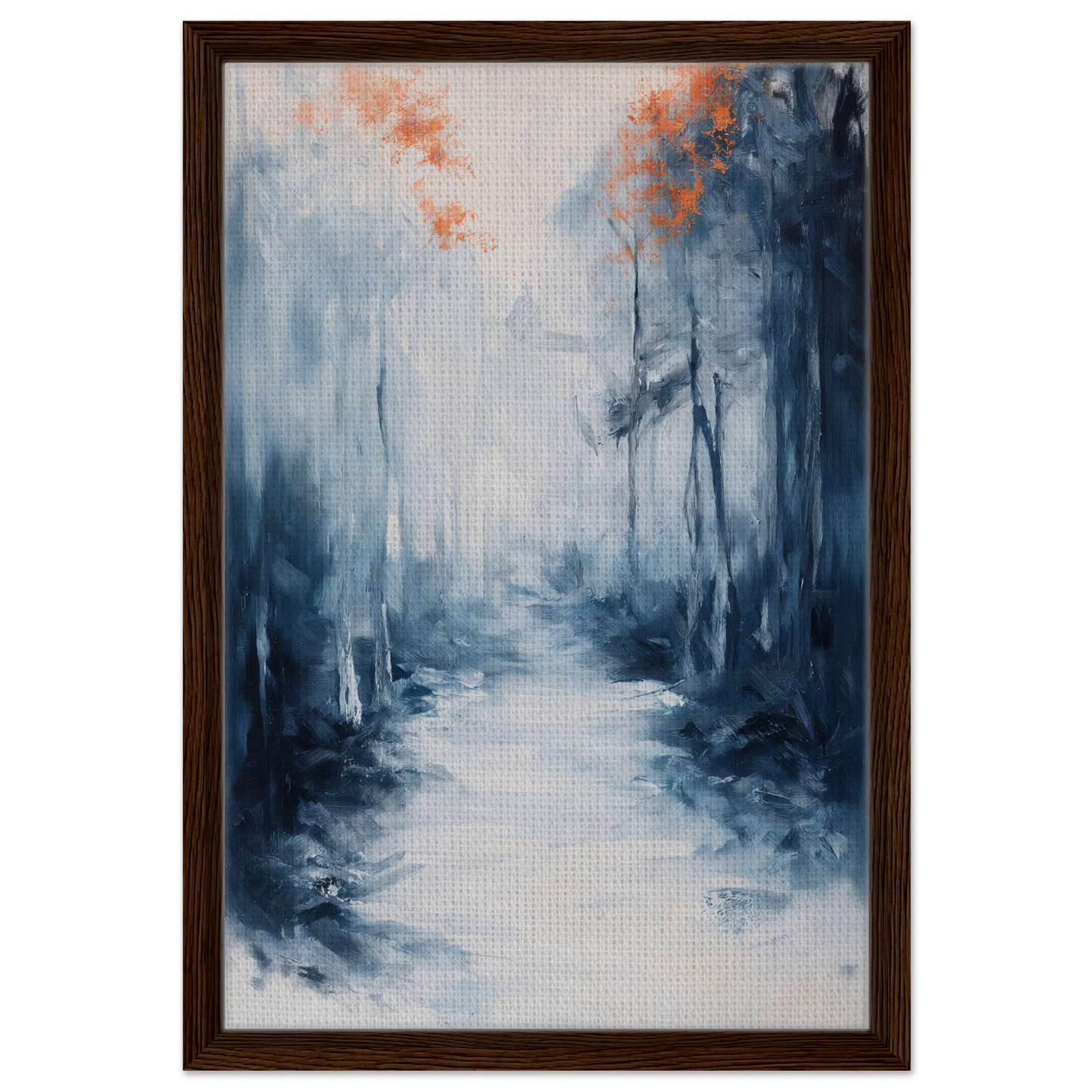 Abstract painting of a misty forest path in blue and orange for Journey Kaleidoscope Dawn