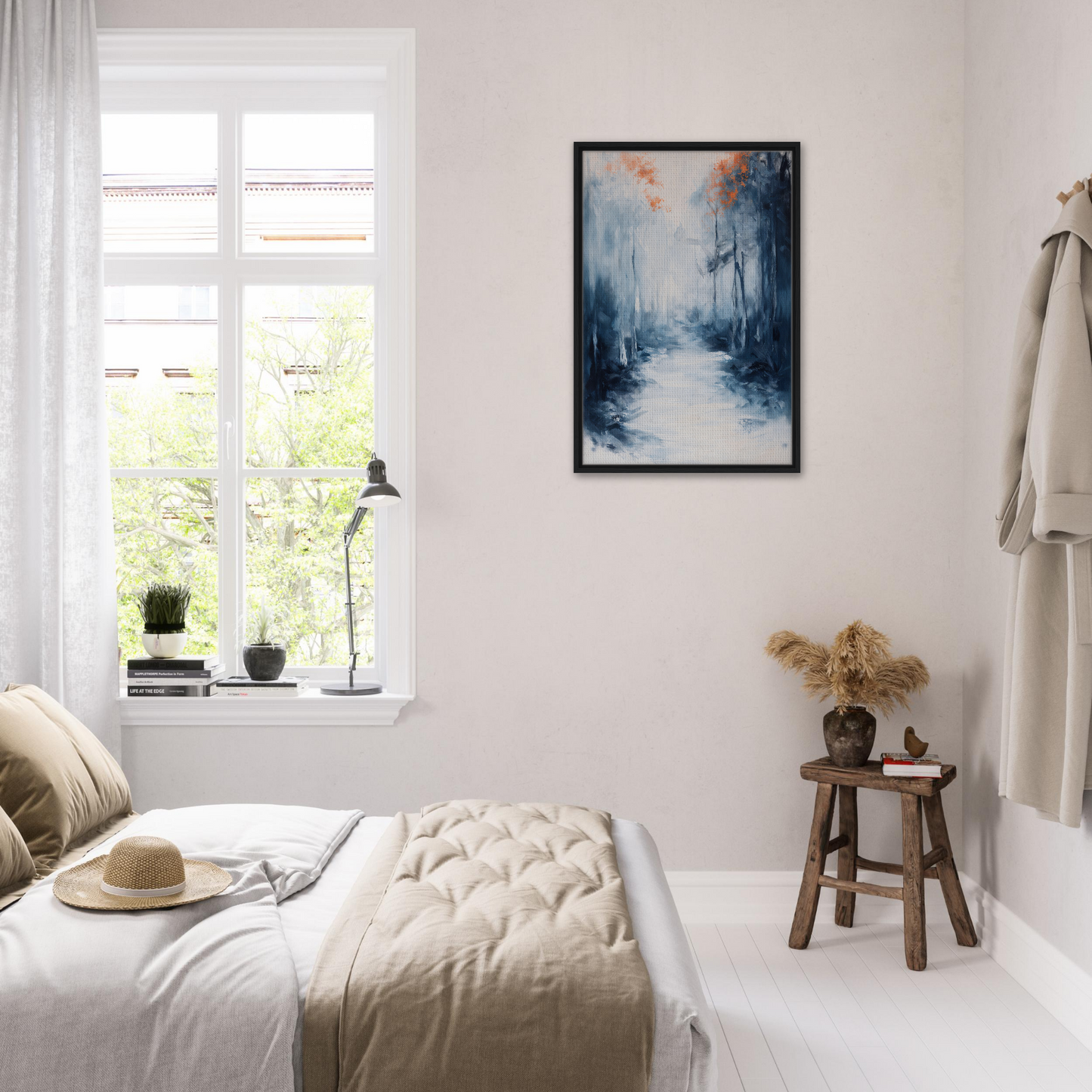 Cozy bedroom with white decor featuring Journey Kaleidoscope Dawn abstract painting