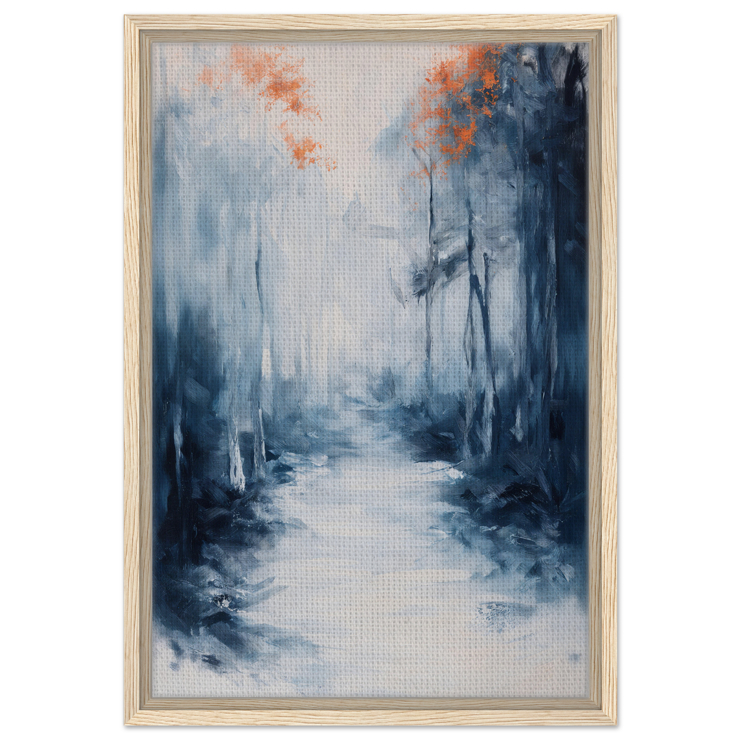 Abstract painting of a misty forest path in blue and orange for Journey Kaleidoscope Dawn