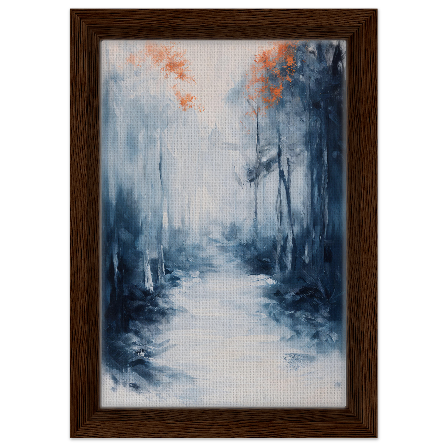 Framed painting of a misty forest path in blue and orange tones for Journey Kaleidoscope Dawn