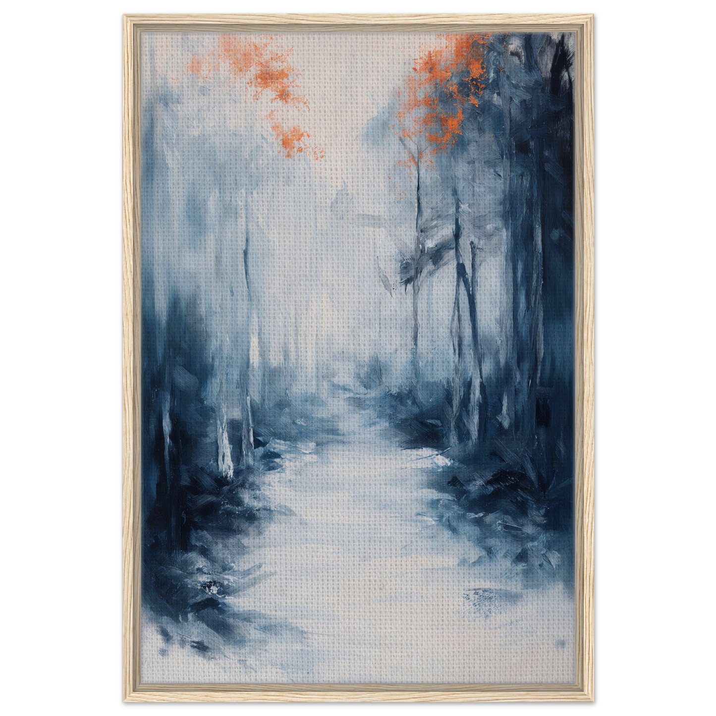 Abstract painting of a misty forest path in blue and orange tones for Journey Kaleidoscope Dawn