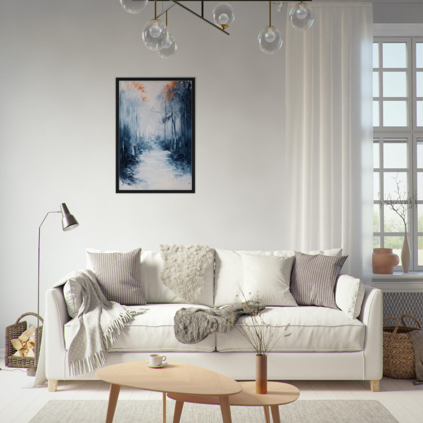 White sofa adorned with throw pillows and blankets from Journey Kaleidoscope Dawn