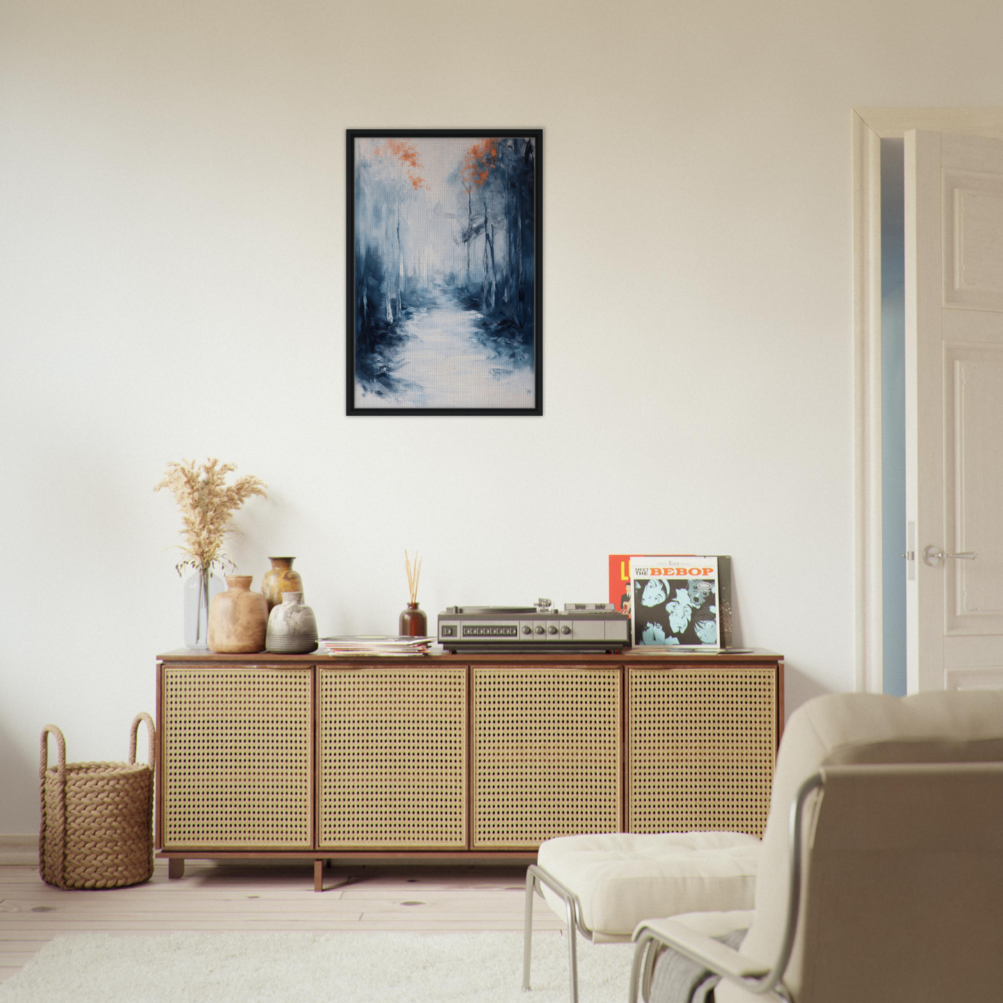 Wooden sideboard with cane-webbed doors and decor, part of Journey Kaleidoscope Dawn