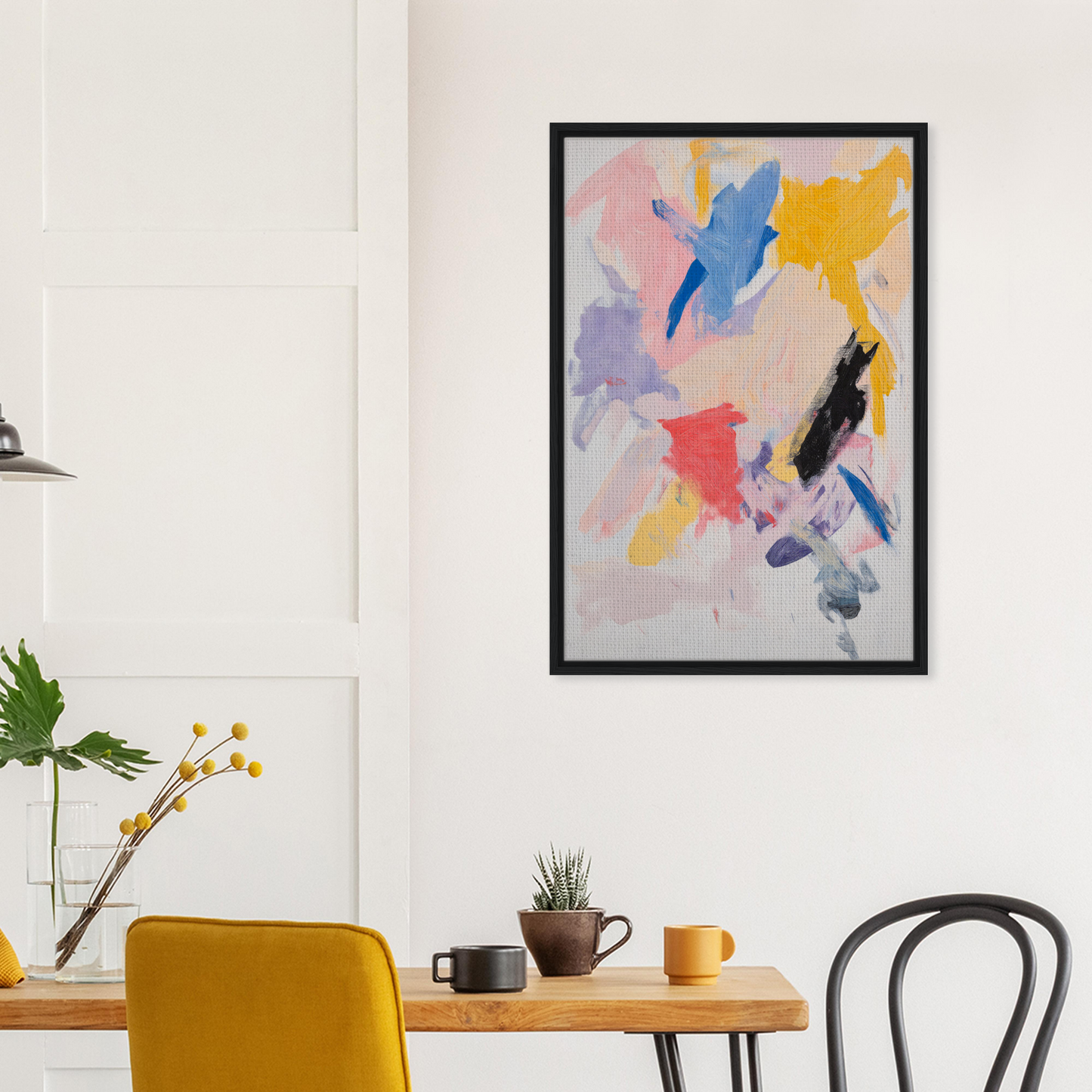 Abstract painting titled Joy’s Chromatic Fugue with colorful brushstrokes in a black frame