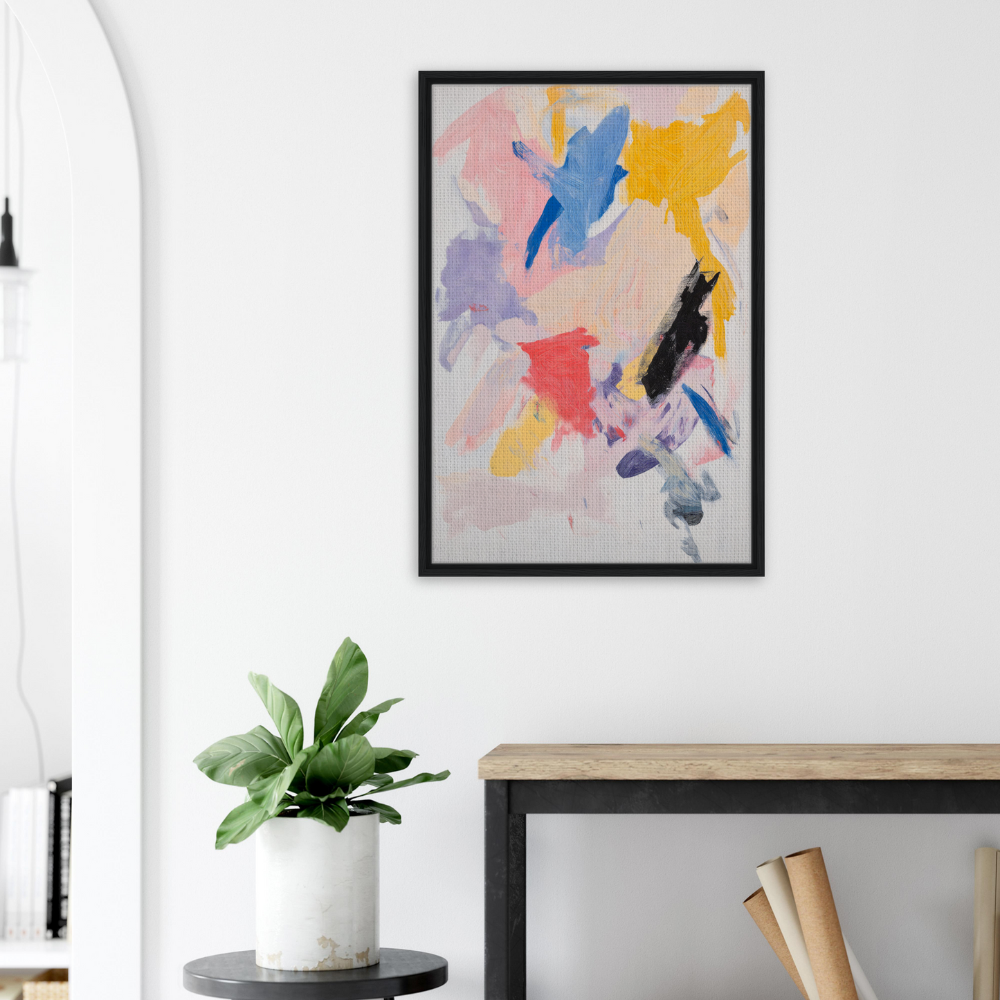 Abstract painting with colorful brushstrokes in a black frame, Joy’s Chromatic Fugue framed canvas print