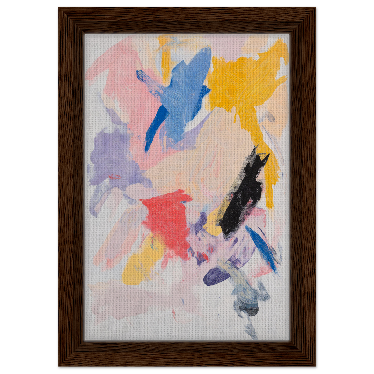 Abstract painting with colorful brushstrokes in dark wood frame, Joy’s Chromatic Fugue