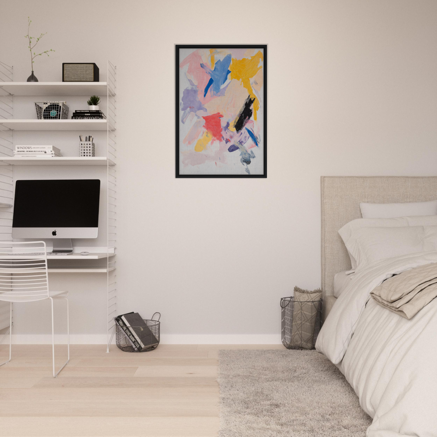 Abstract painting Joy’s Chromatic Fugue featuring colorful shapes in elegant black frame