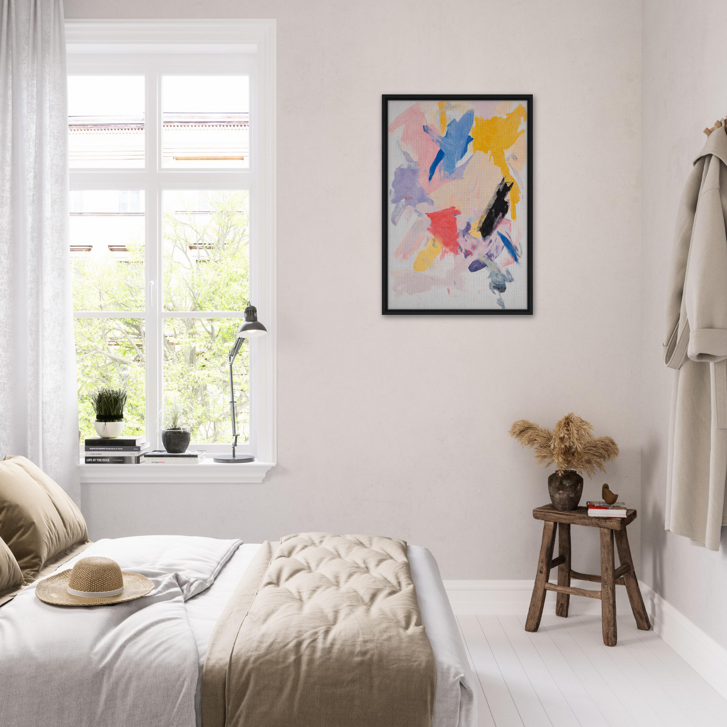 Bright abstract painting titled Joy’s Chromatic Fugue, ideal for modern room decor