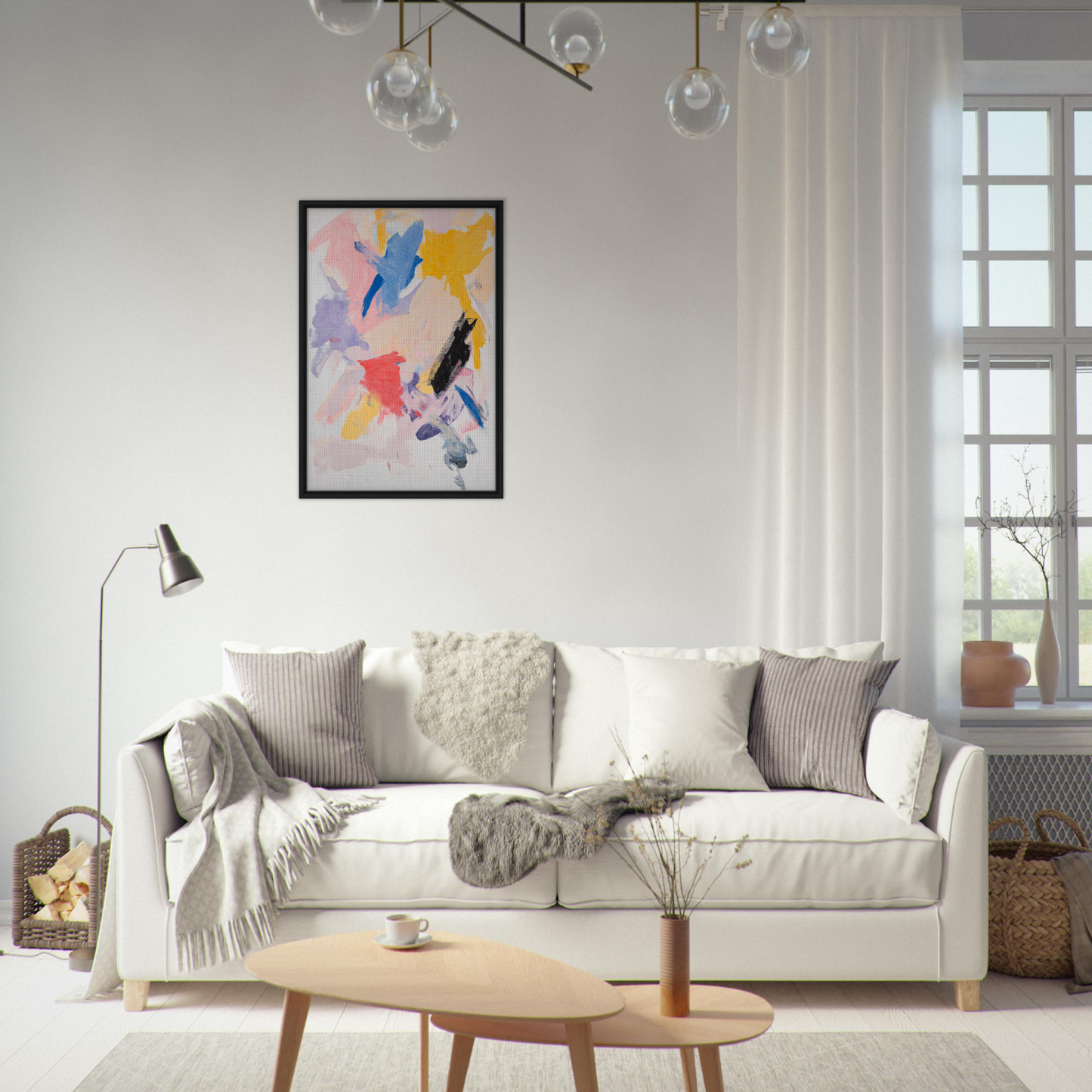 White sofa with throw pillows and blankets from Joy’s Chromatic Fugue, ideal room decor