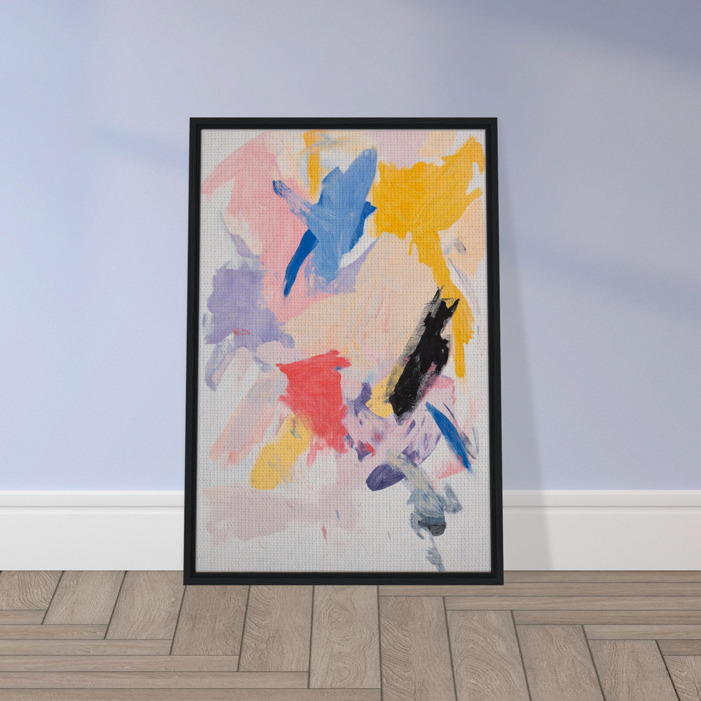 Abstract painting with colorful brushstrokes in a black frame, Joy’s Chromatic Fugue Framed Canvas Print
