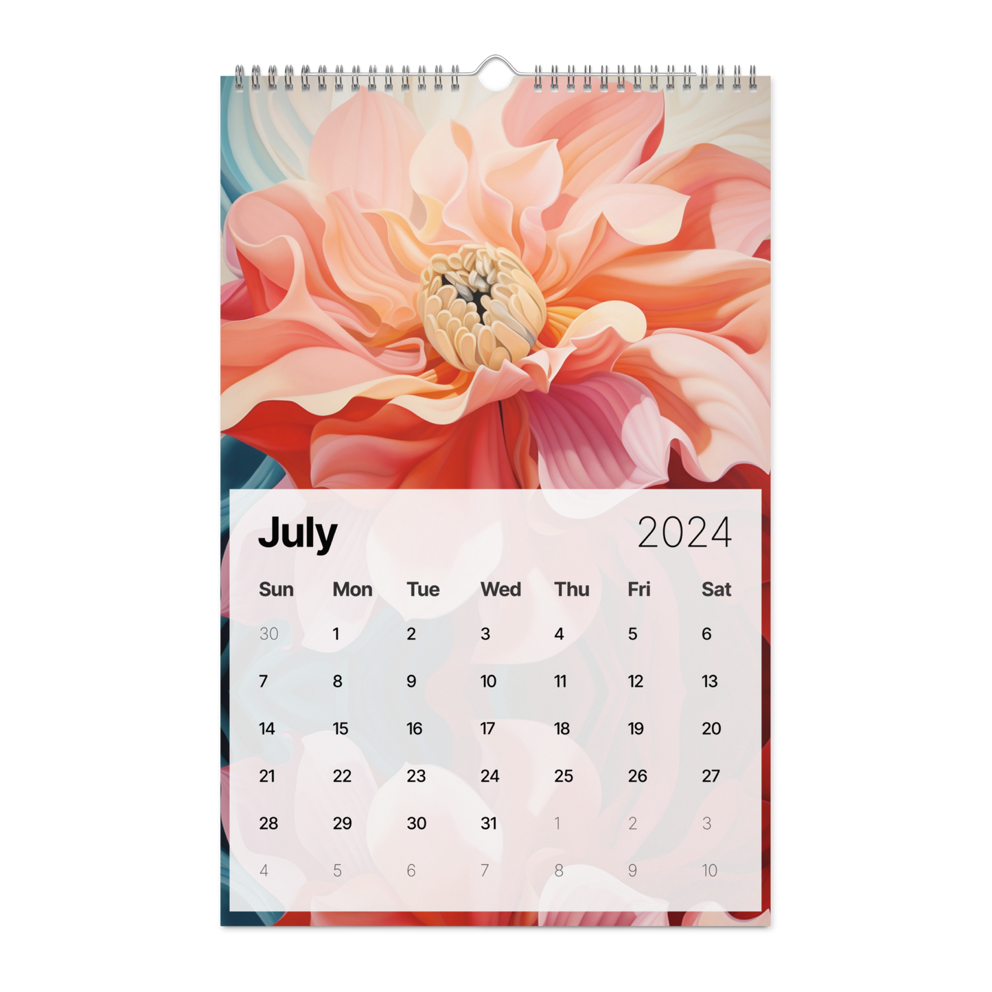 Calendar page for July 2024 featuring a close-up photograph of a pink flower.