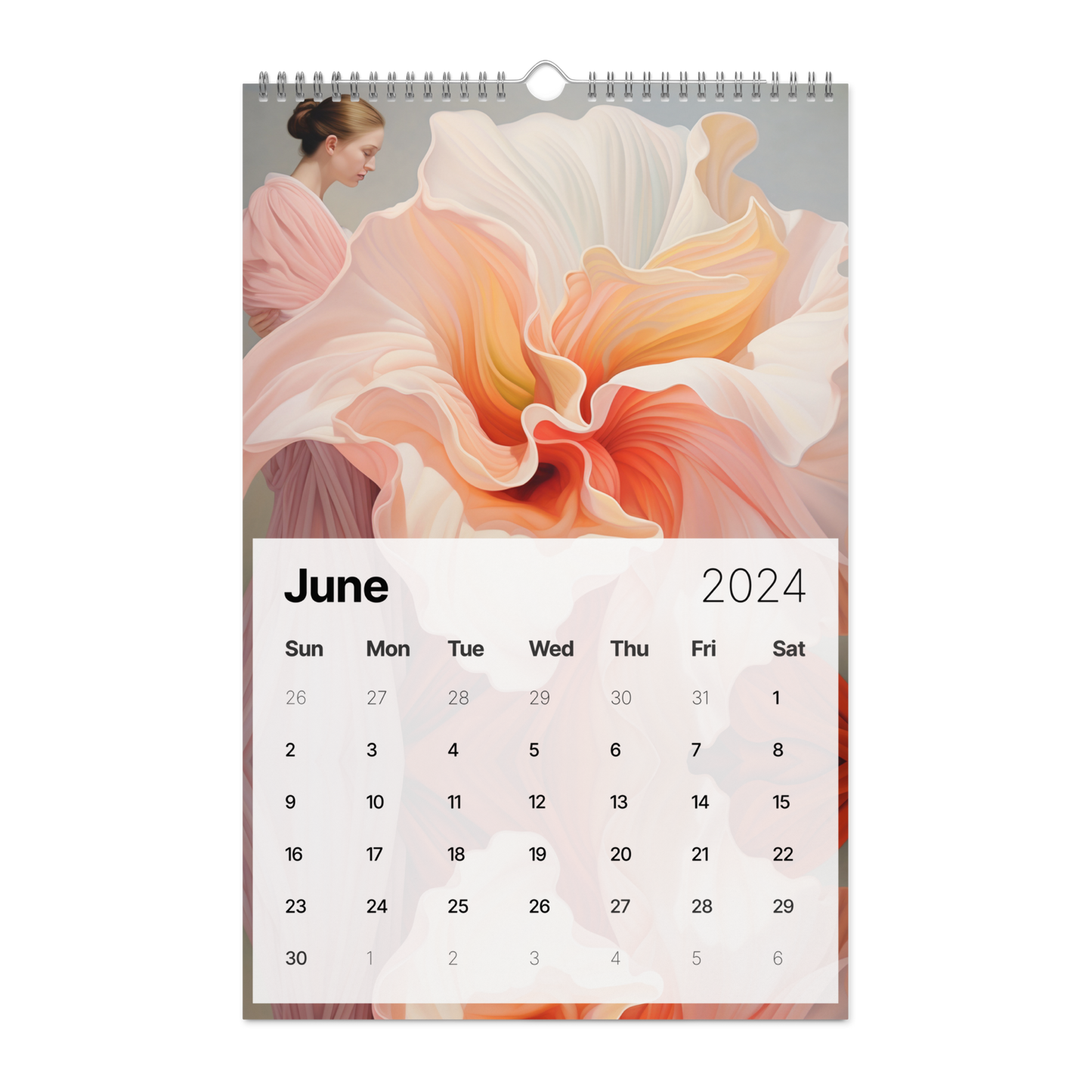 Wall calendar for June 2024 featuring a floral artwork design.